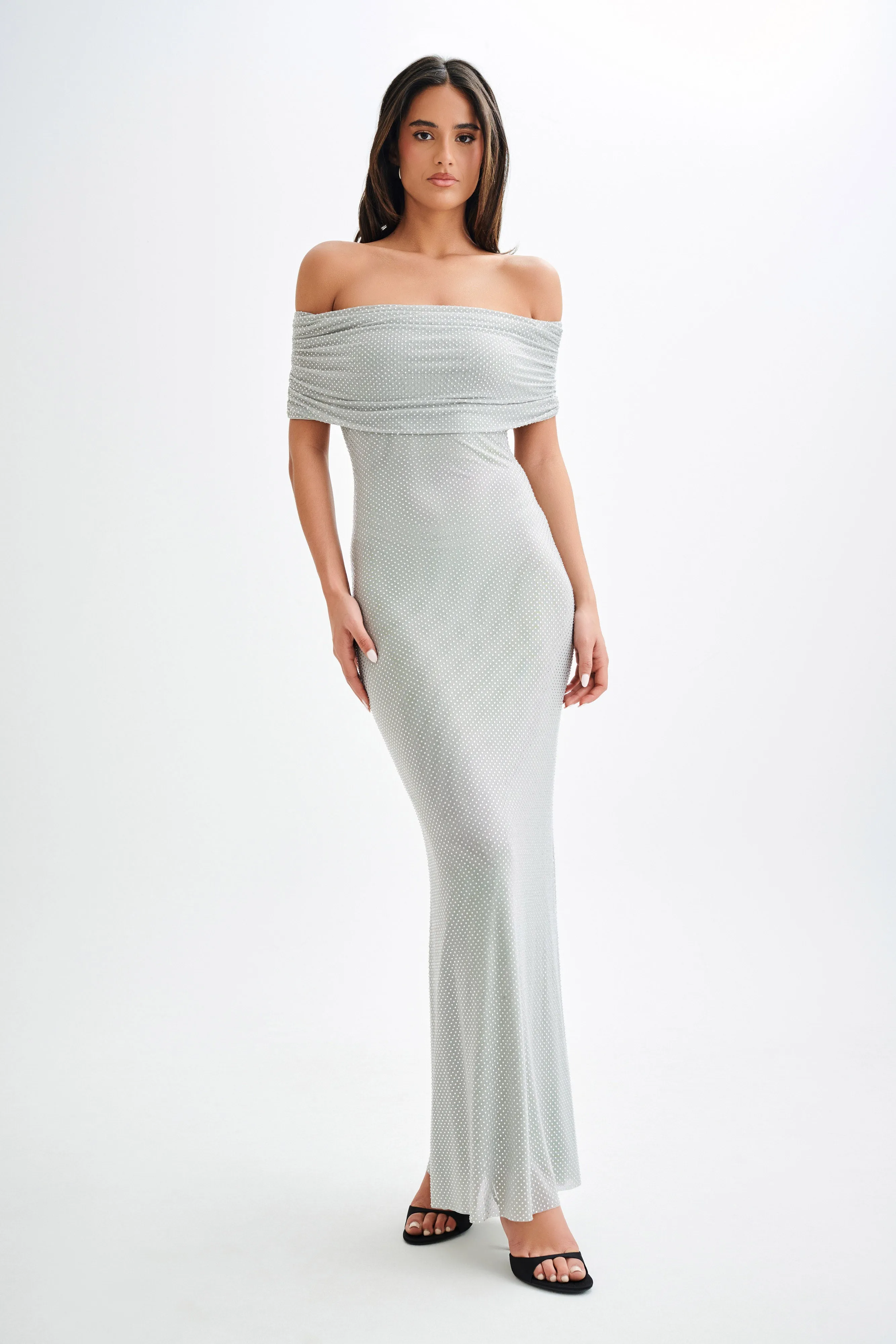 Arna Off Shoulder Diamante Maxi Dress - Silver sold by Meshki