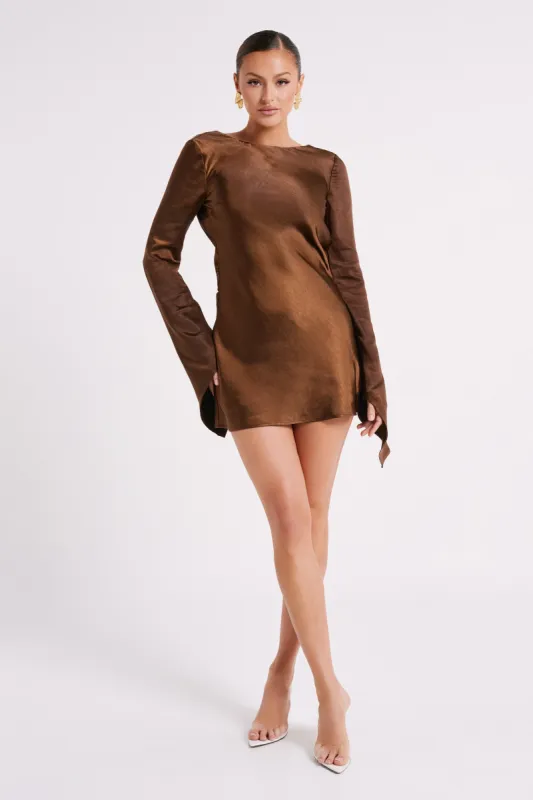 Davina Satin Long Sleeve Mini Dress - Dark Brown sold by Meshki