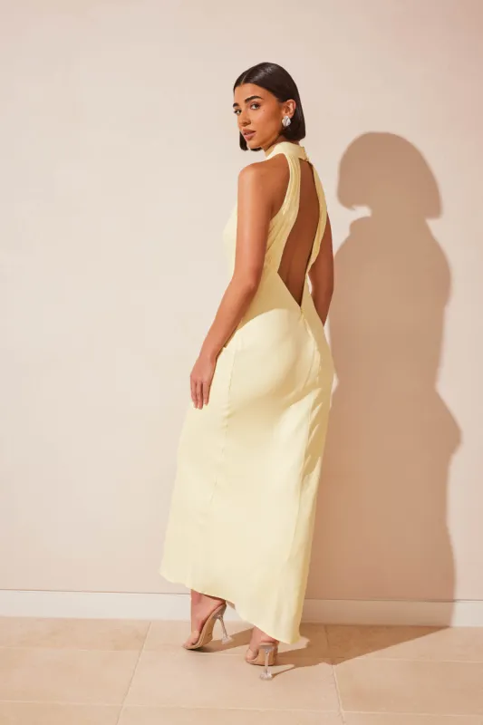 Claire Matte Satin Drape Back Maxi Dress - Light Yellow sold by Meshki