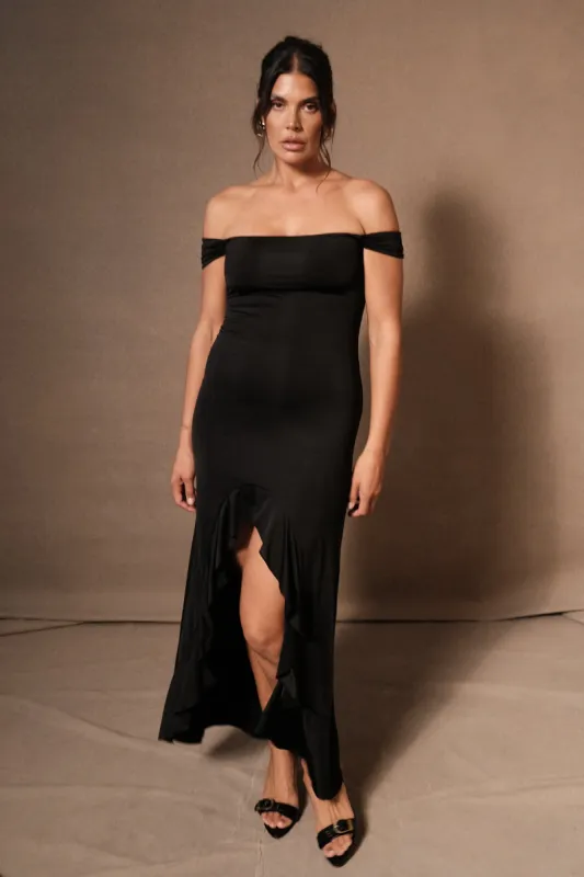 Eisley Slinky Off Shoulder Maxi Dress - Black sold by Meshki
