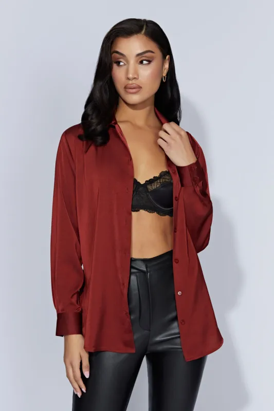 Liliana Satin Shirt - Cherry Chocolate sold by Meshki