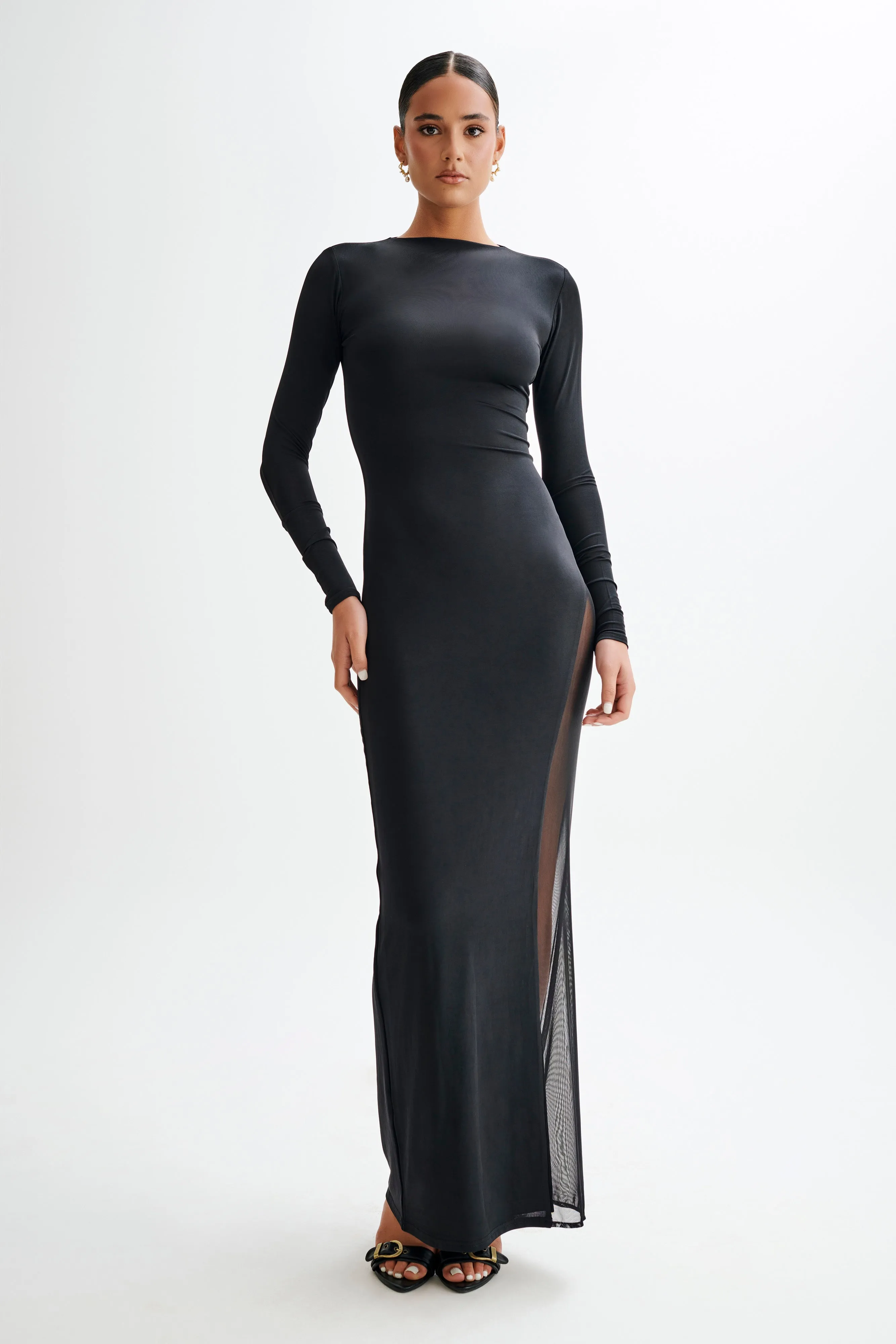 Andretti Slinky Long Sleeve Maxi Dress With Mesh - Black sold by Meshki product image thumbnail 4