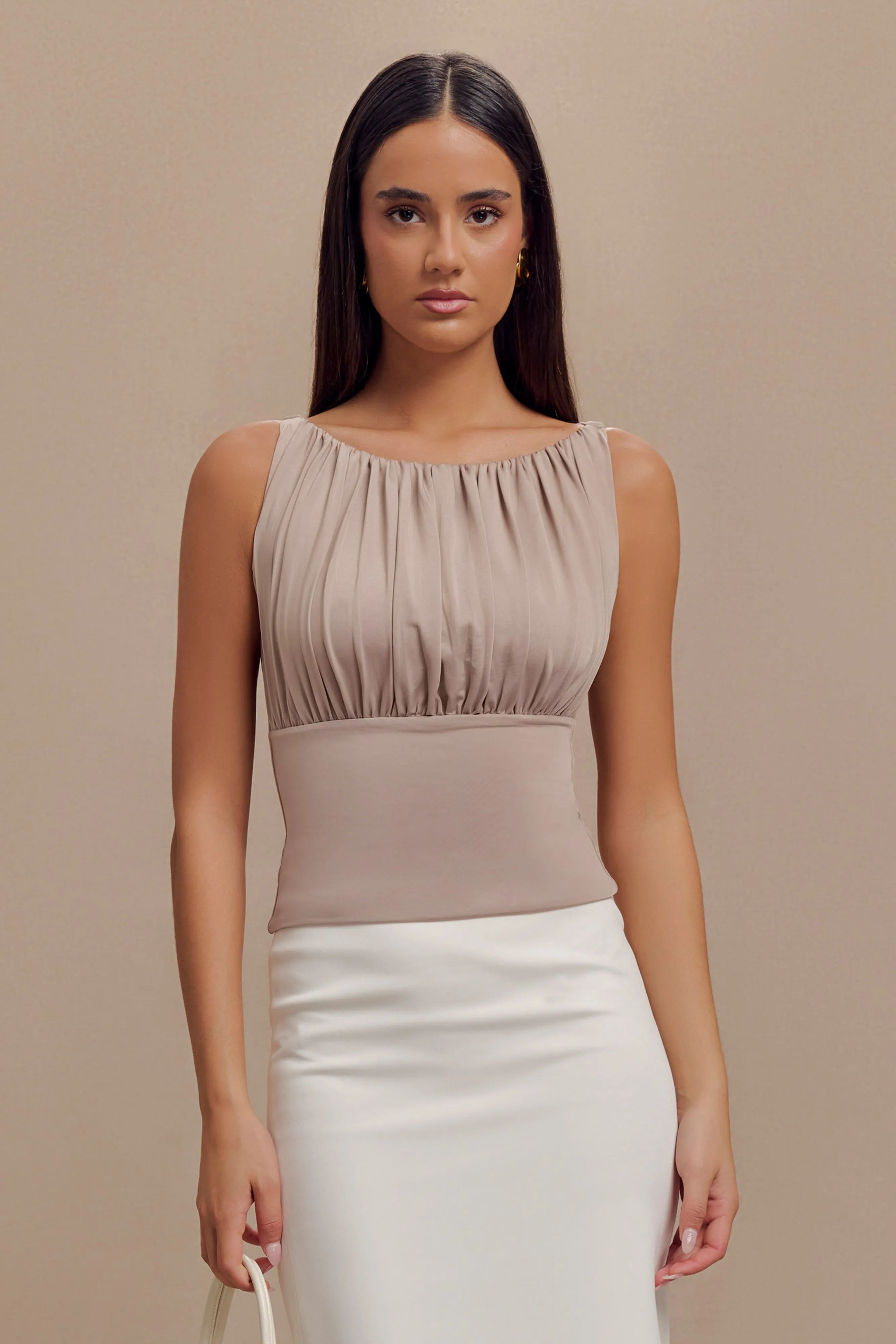 Tiarna Slinky Ruched Top - Taupe sold by Meshki