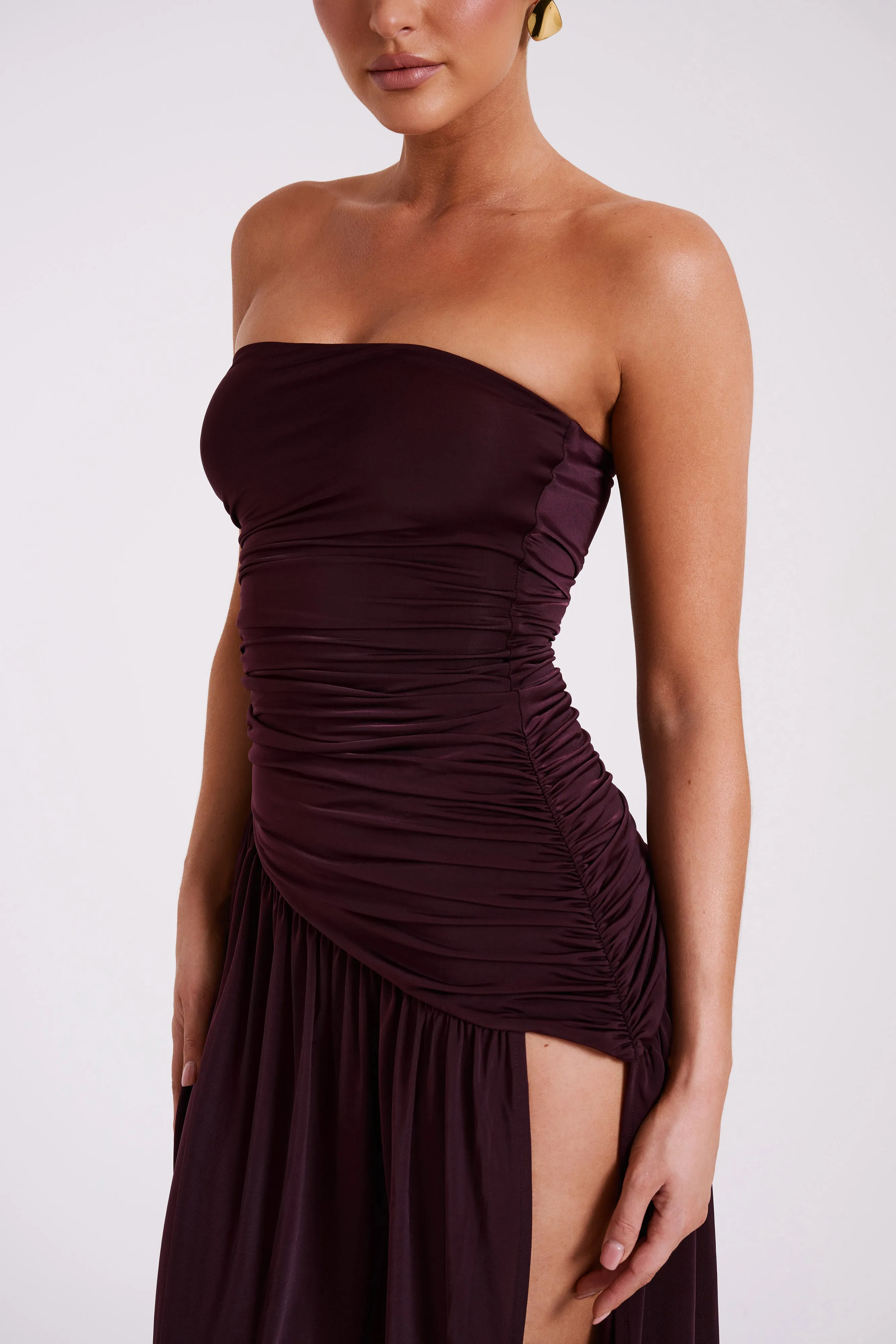 Bex Strapless Slinky Maxi Dress With Split - Burgundy sold by Meshki product image thumbnail 3