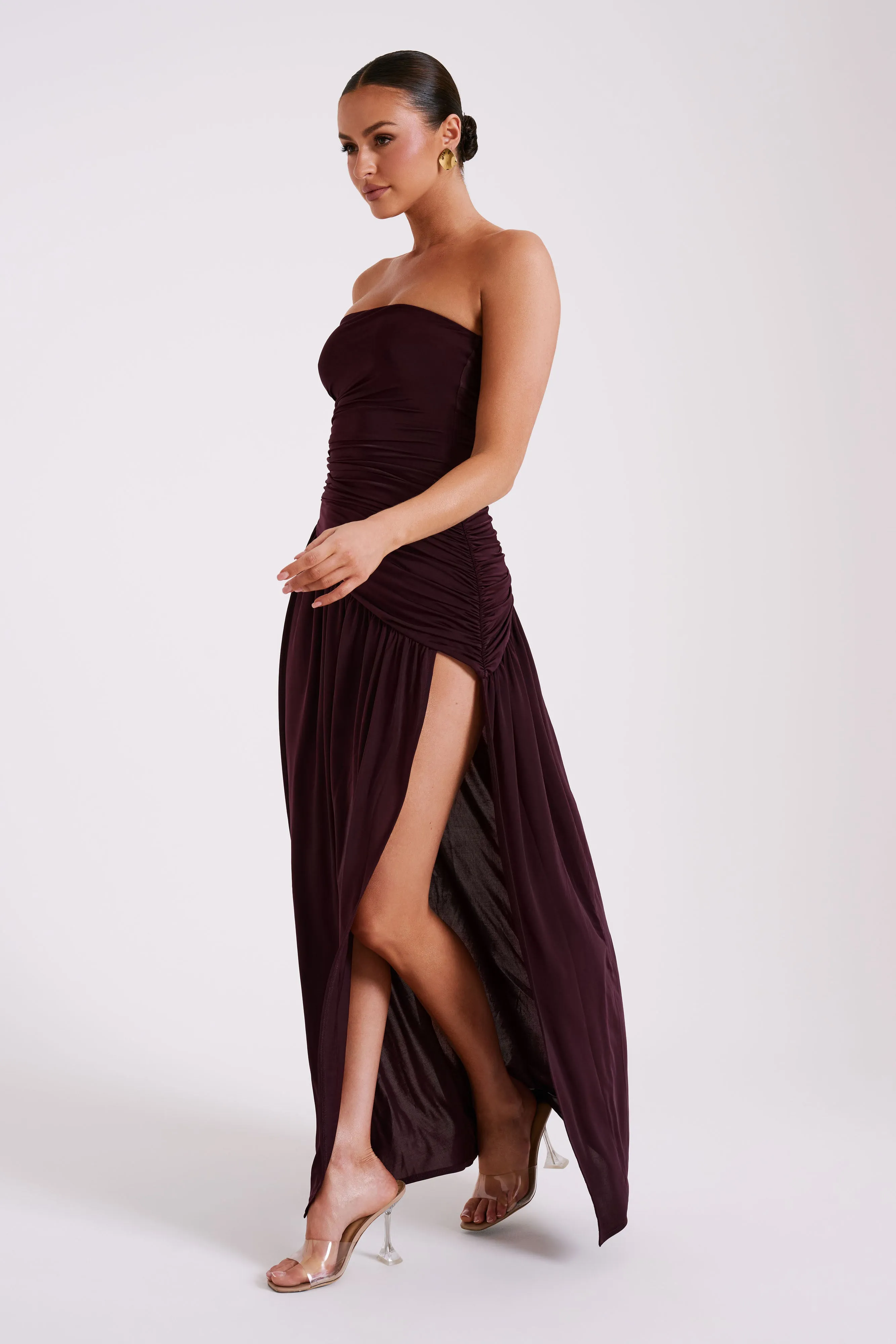 Bex Strapless Slinky Maxi Dress With Split - Burgundy sold by Meshki product image thumbnail 4