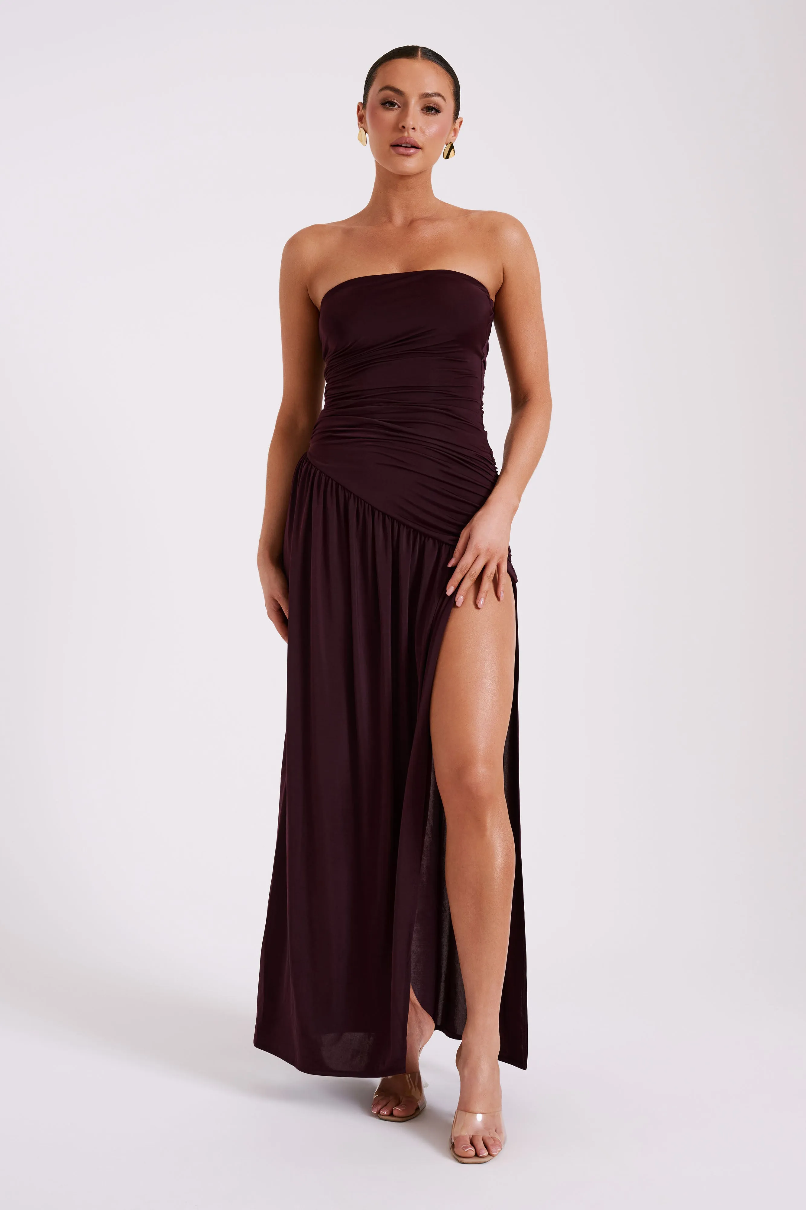 Bex Strapless Slinky Maxi Dress With Split - Burgundy sold by Meshki