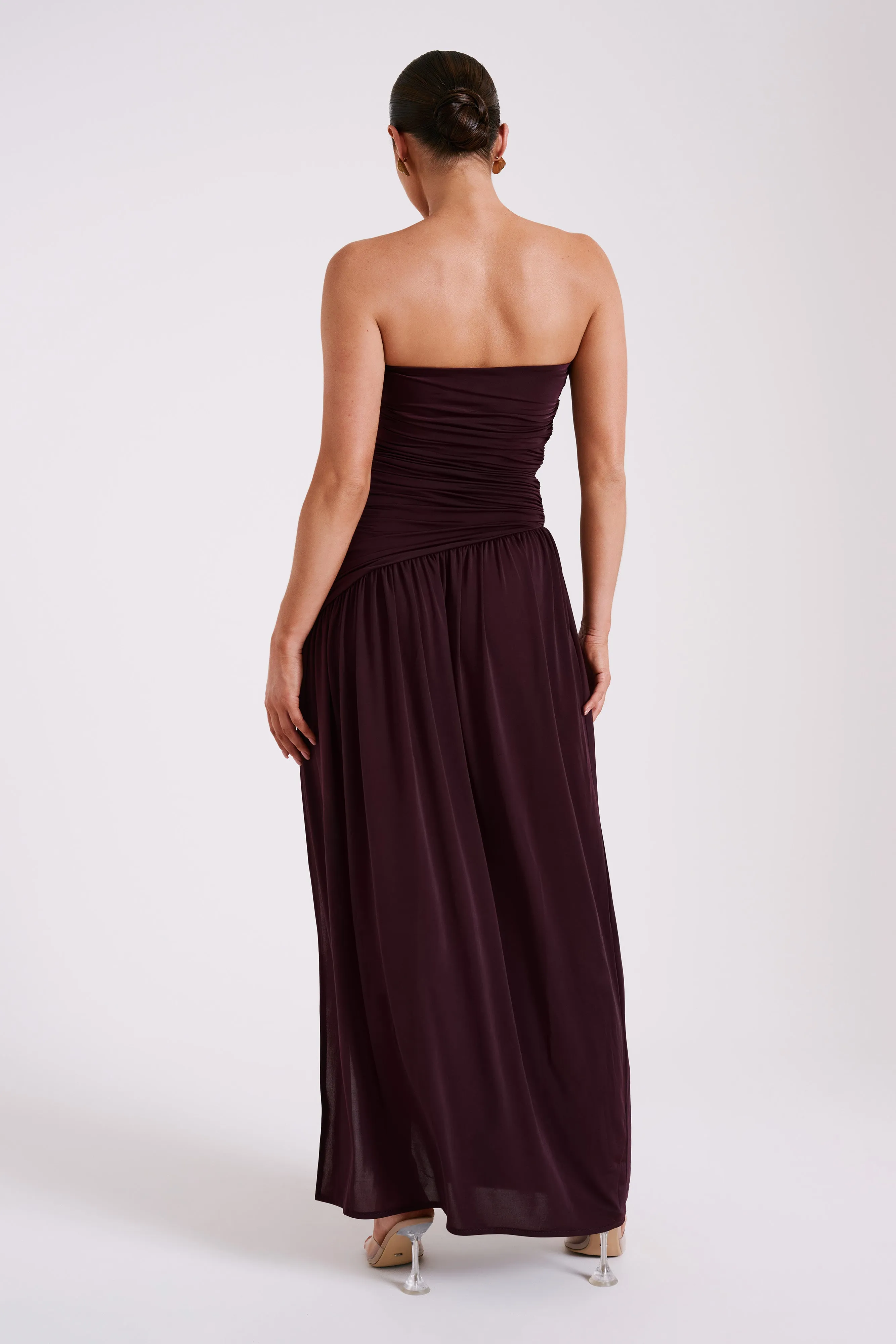 Bex Strapless Slinky Maxi Dress With Split - Burgundy sold by Meshki product image thumbnail 2