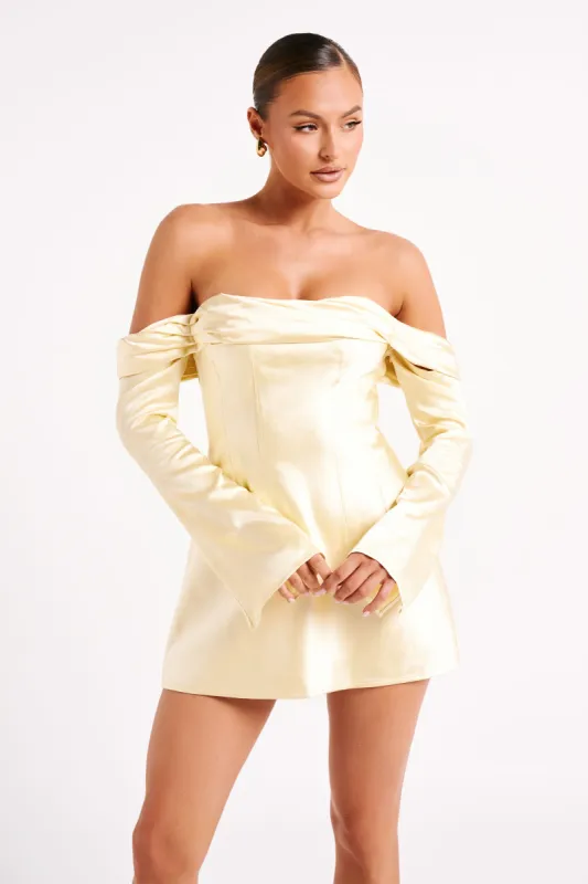 Giselle Off Shoulder Satin Mini Dress - Butter sold by Meshki