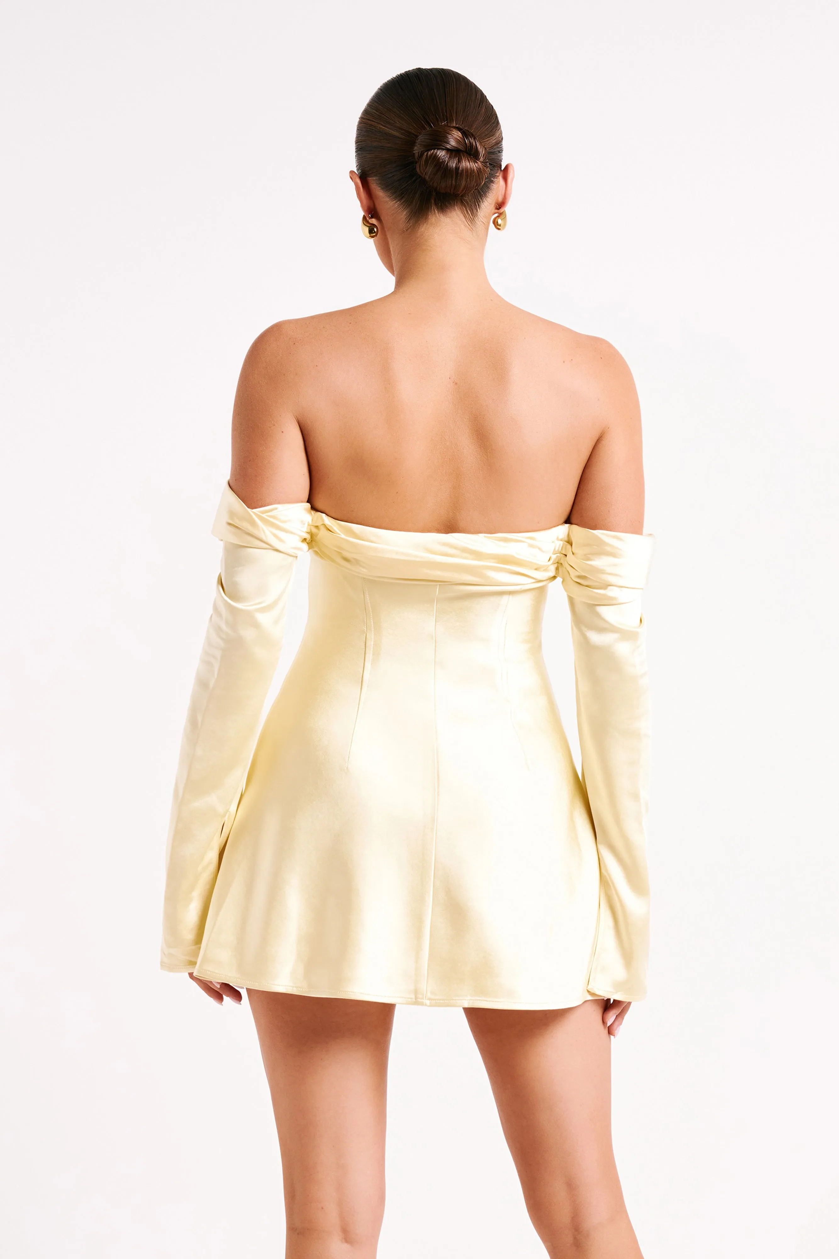 Giselle Off Shoulder Satin Mini Dress - Butter sold by Meshki product image thumbnail 2