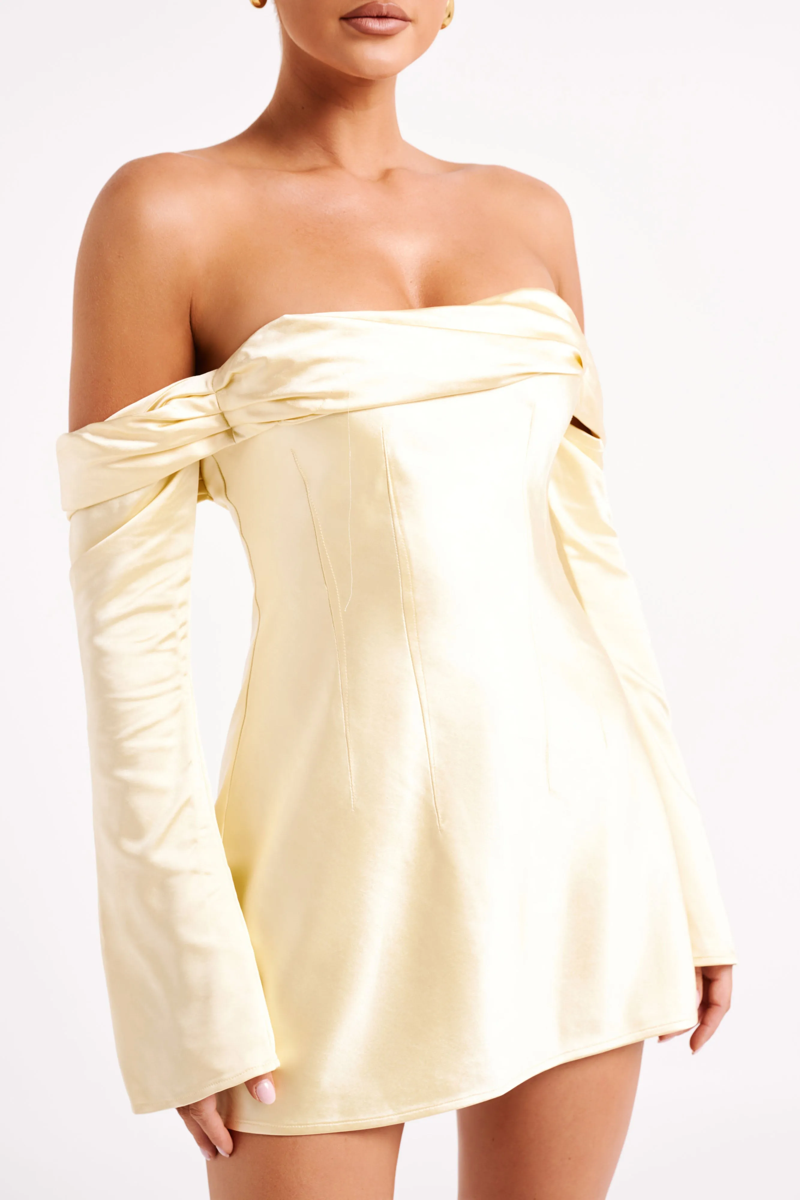 Giselle Off Shoulder Satin Mini Dress - Butter sold by Meshki product image thumbnail 3