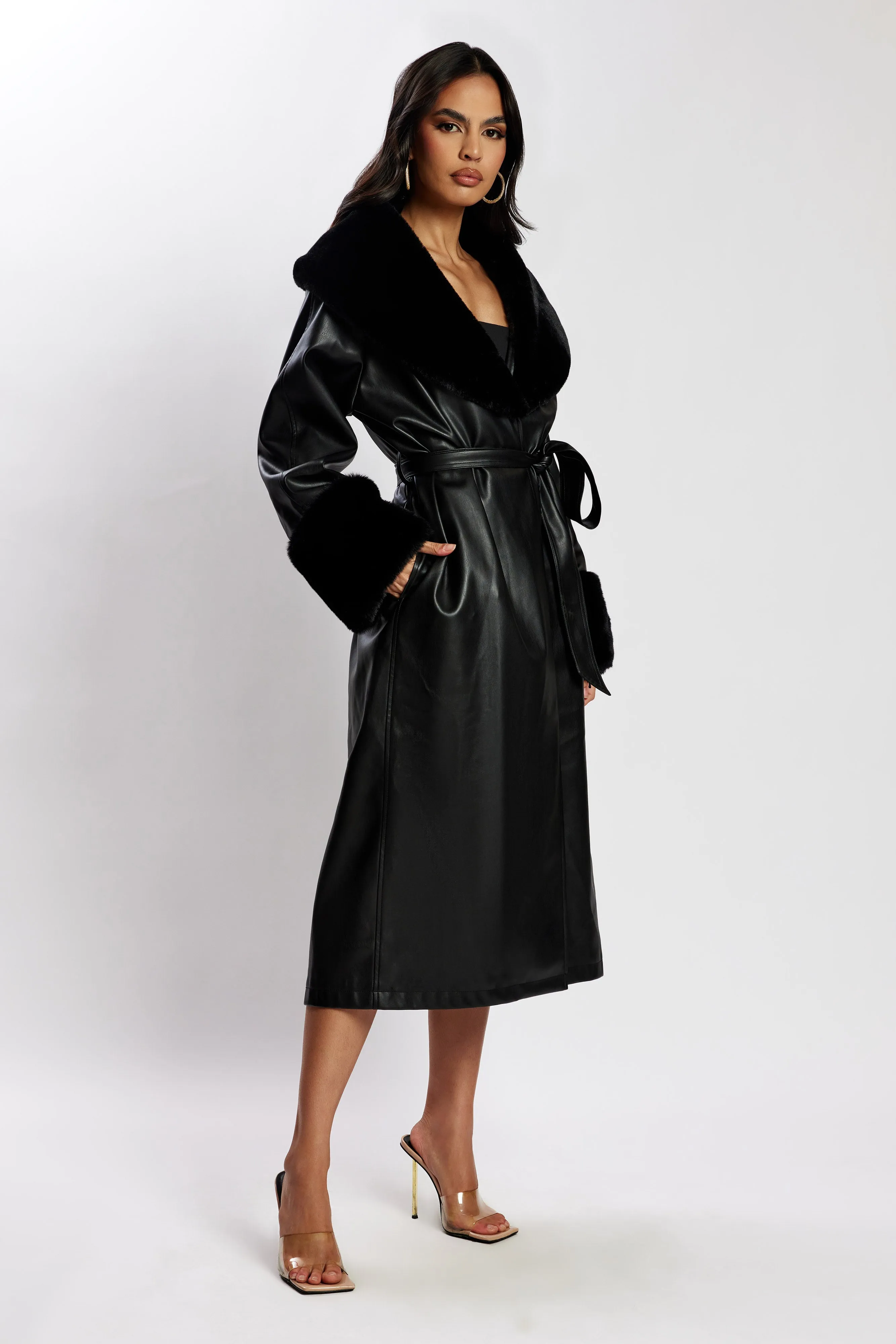 Rebekah Oversized Pu Trench Coat With Fur Trim - Black sold by Meshki product image thumbnail 3