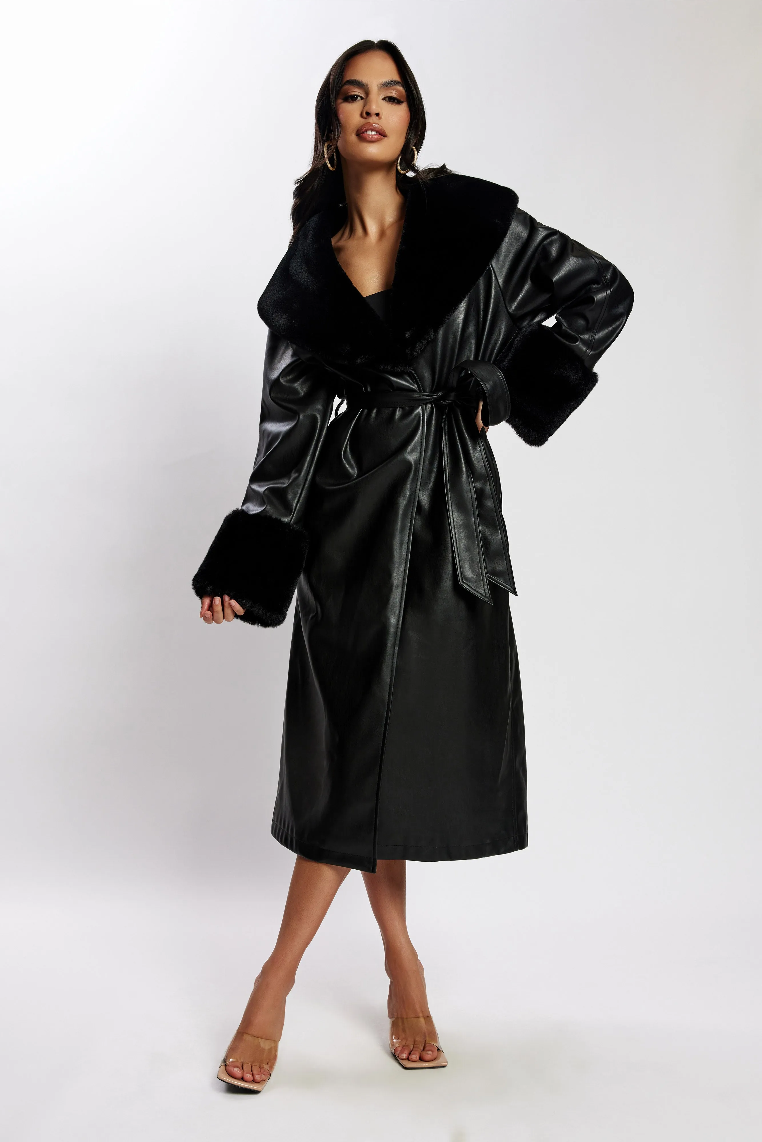 Rebekah Oversized Pu Trench Coat With Fur Trim - Black sold by Meshki product image thumbnail 5