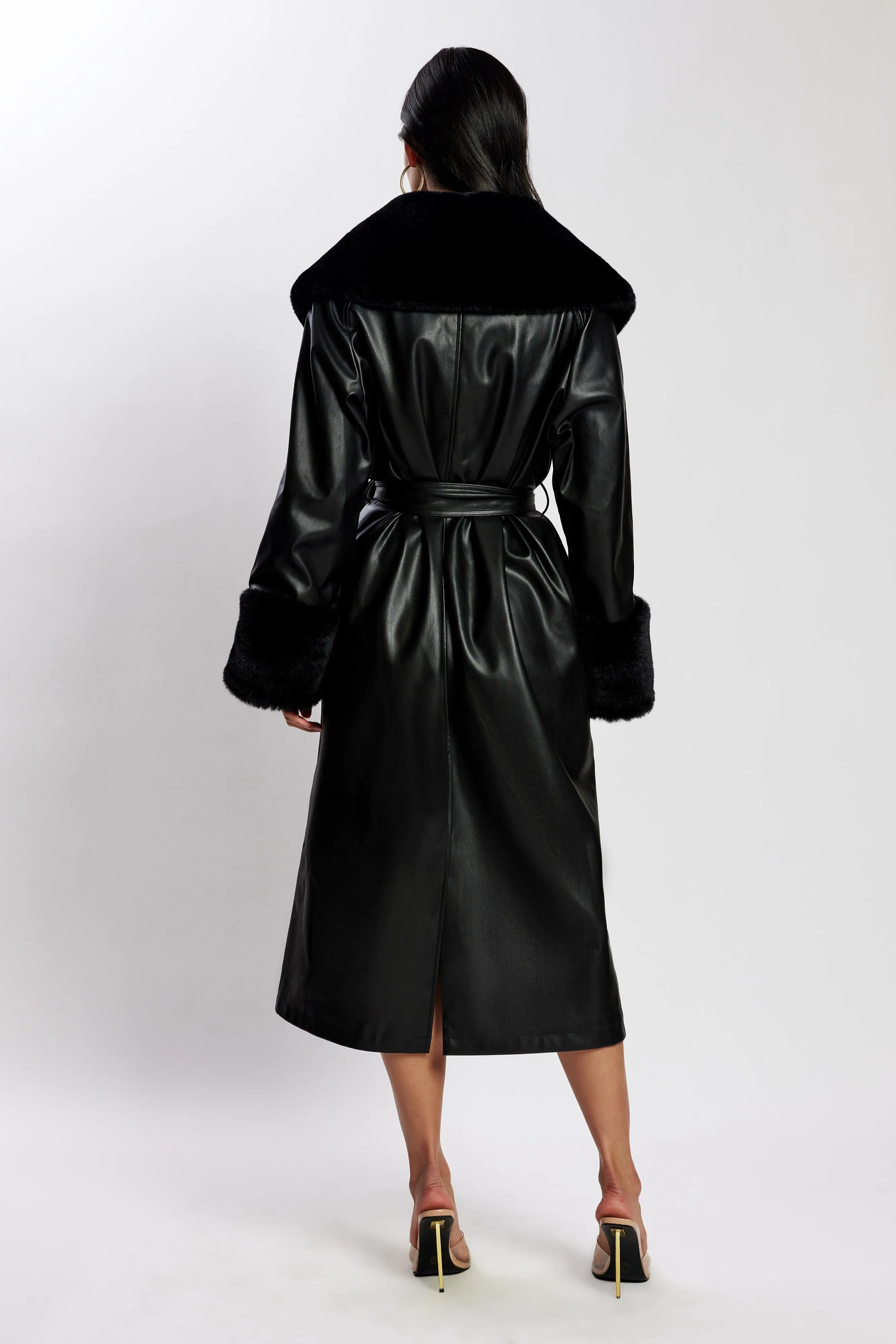 Rebekah Oversized Pu Trench Coat With Fur Trim - Black sold by Meshki product image thumbnail 2