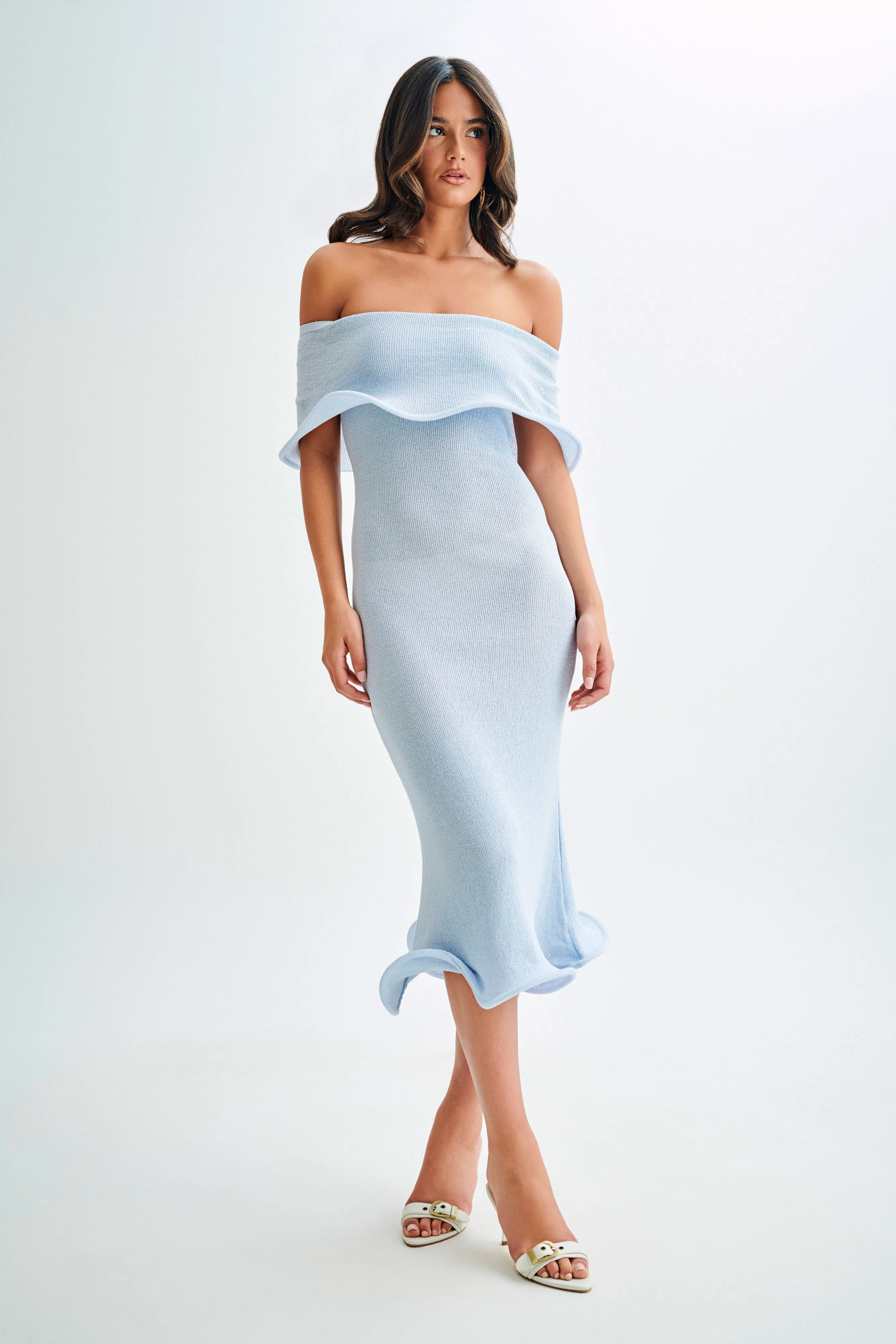 Molly Off Shoulder Knit Midi Dress - Sky Blue sold by Meshki
