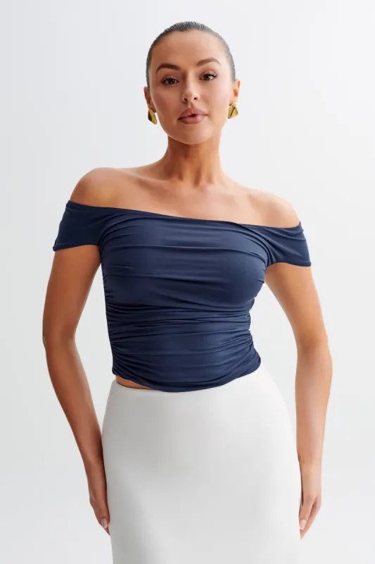 Piper Ruched Off Shoulder Top - Navy sold by Meshki