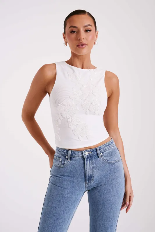 Luci Beaded Flower Mesh Top - White sold by Meshki