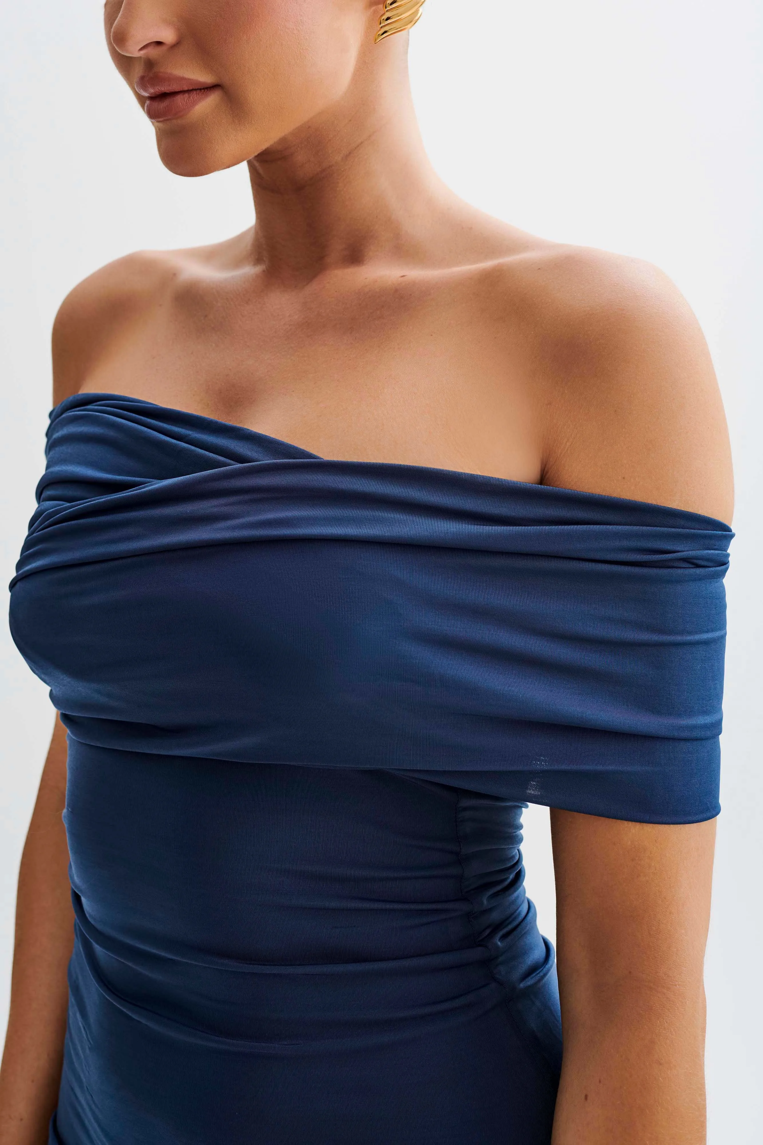 Melina Slinky Off Shoulder Mini Dress - Navy sold by Meshki product image thumbnail 3