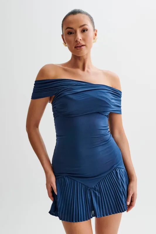 Melina Slinky Off Shoulder Mini Dress - Navy sold by Meshki