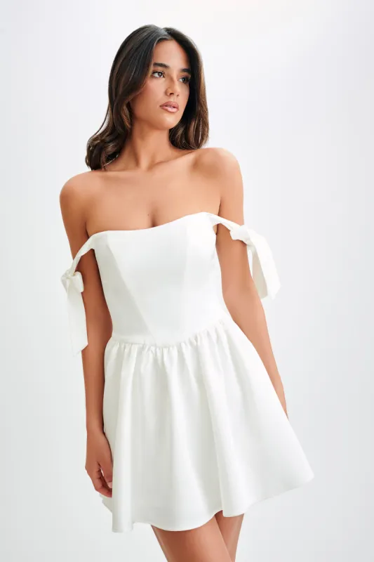 Rita Satin Mini Dress With Bow Sleeves - White sold by Meshki