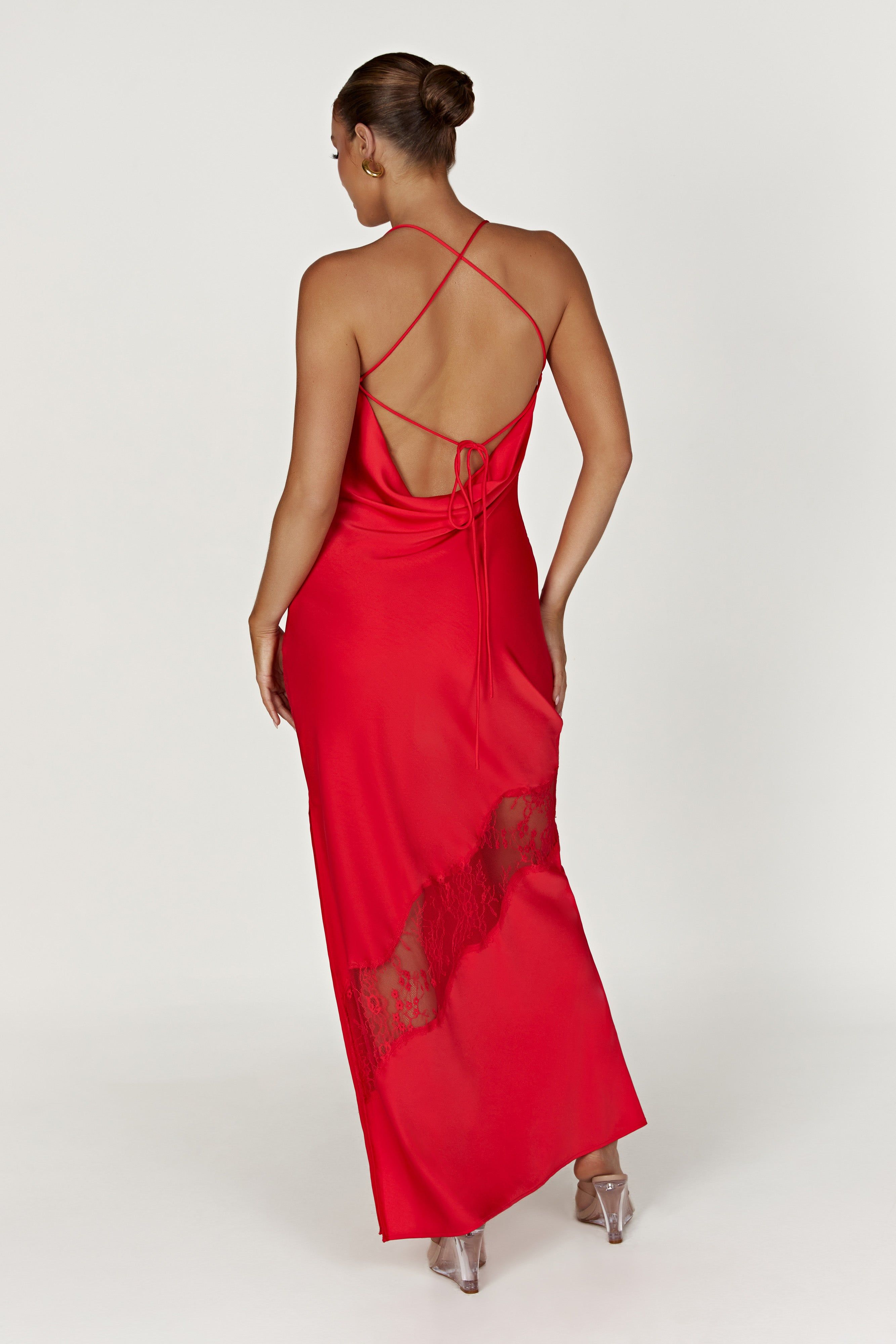 Chandra Lace Detail Satin Maxi Dress - Red sold by Meshki product image thumbnail 4