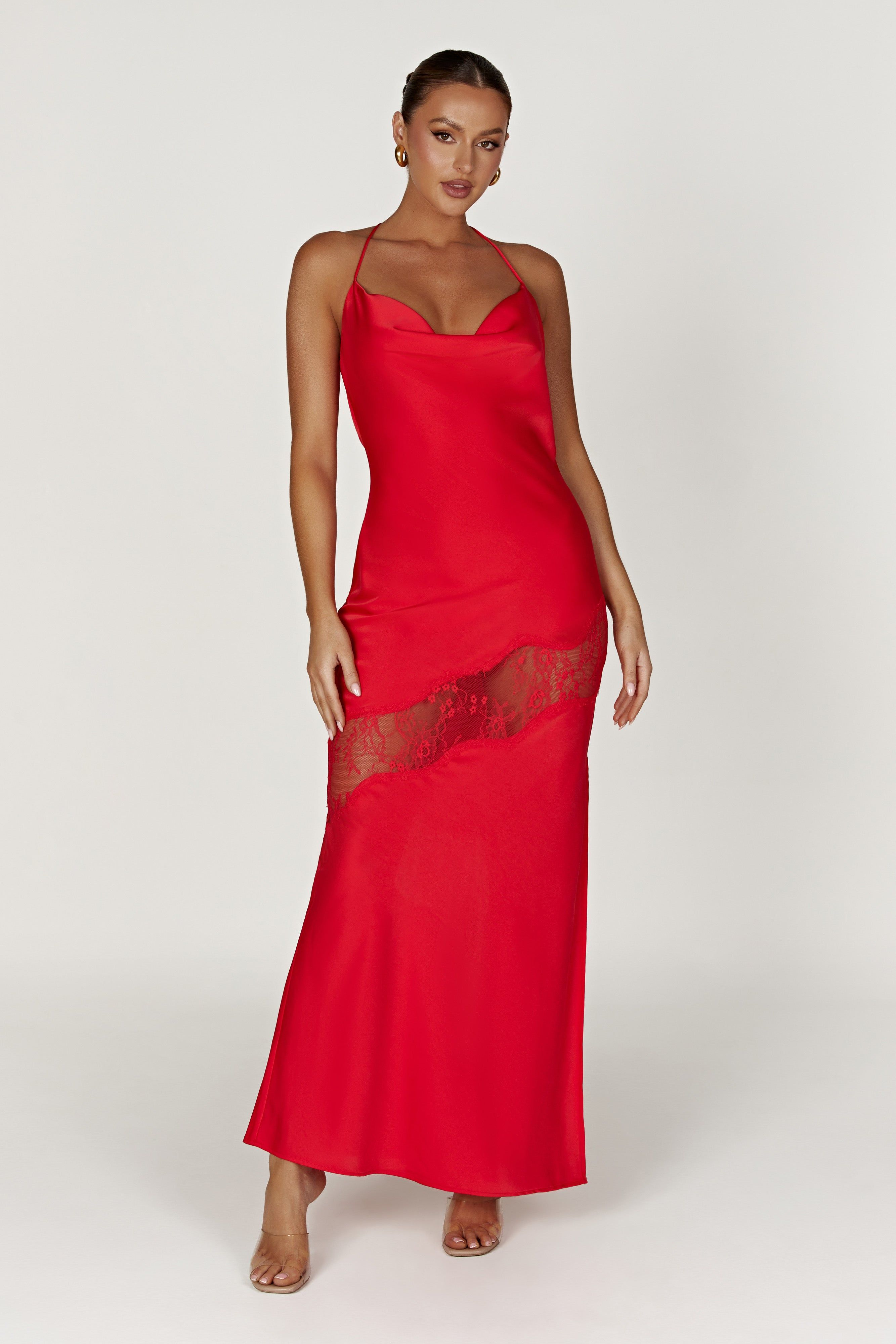 Chandra Lace Detail Satin Maxi Dress - Red sold by Meshki