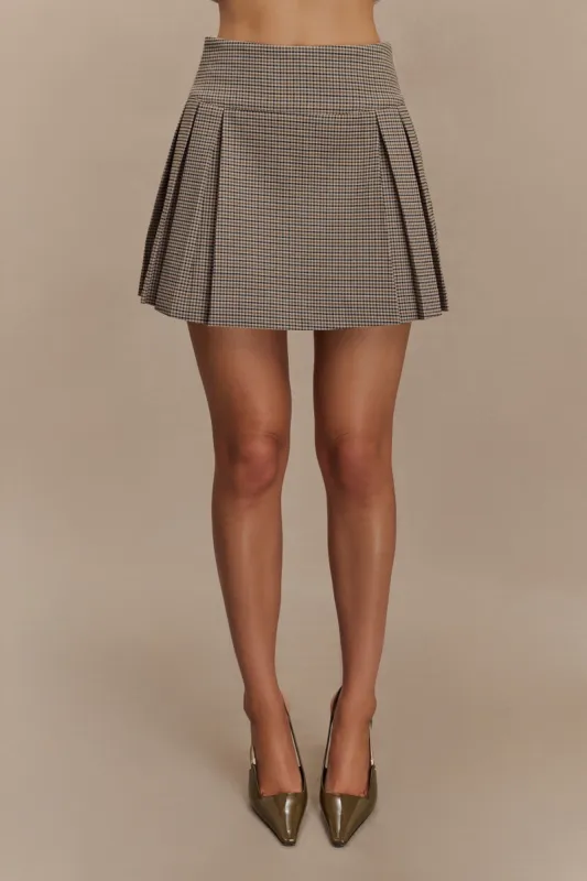 Angie Pleated Buckle Mini Skirt - Tan Check sold by Meshki