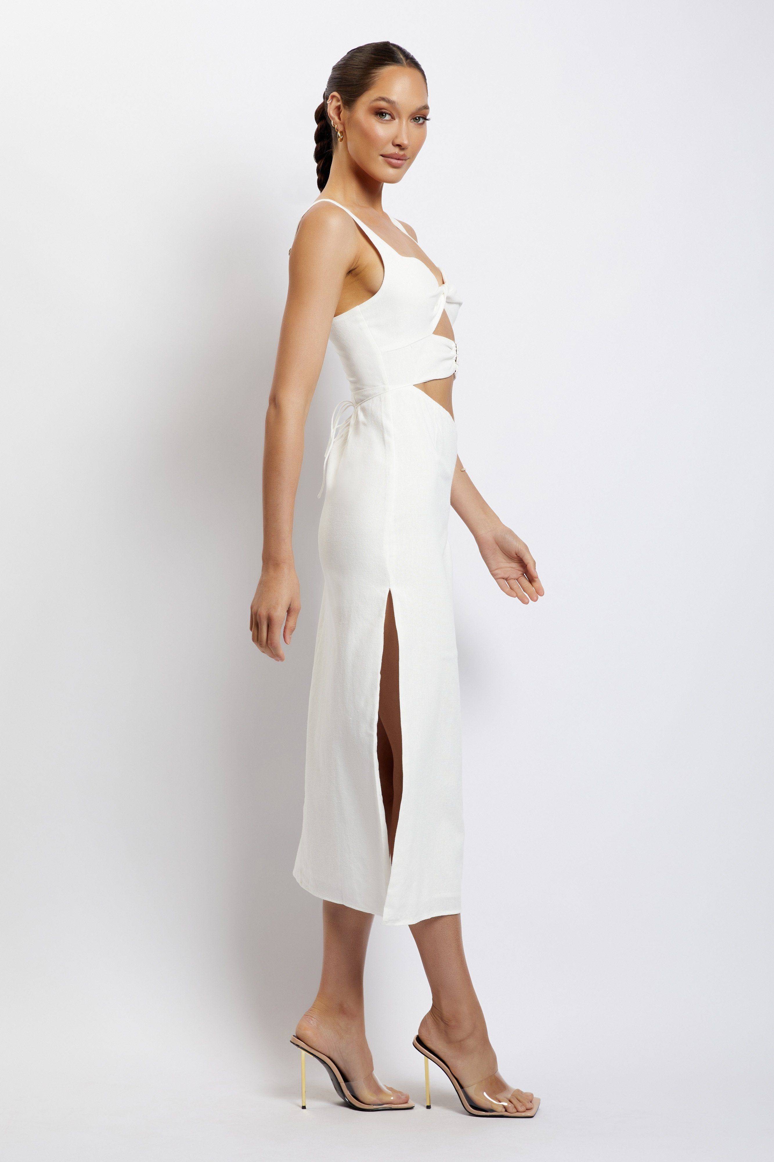 Serena Cut Out O Ring Linen Midi Dress - White sold by Meshki product image thumbnail 4
