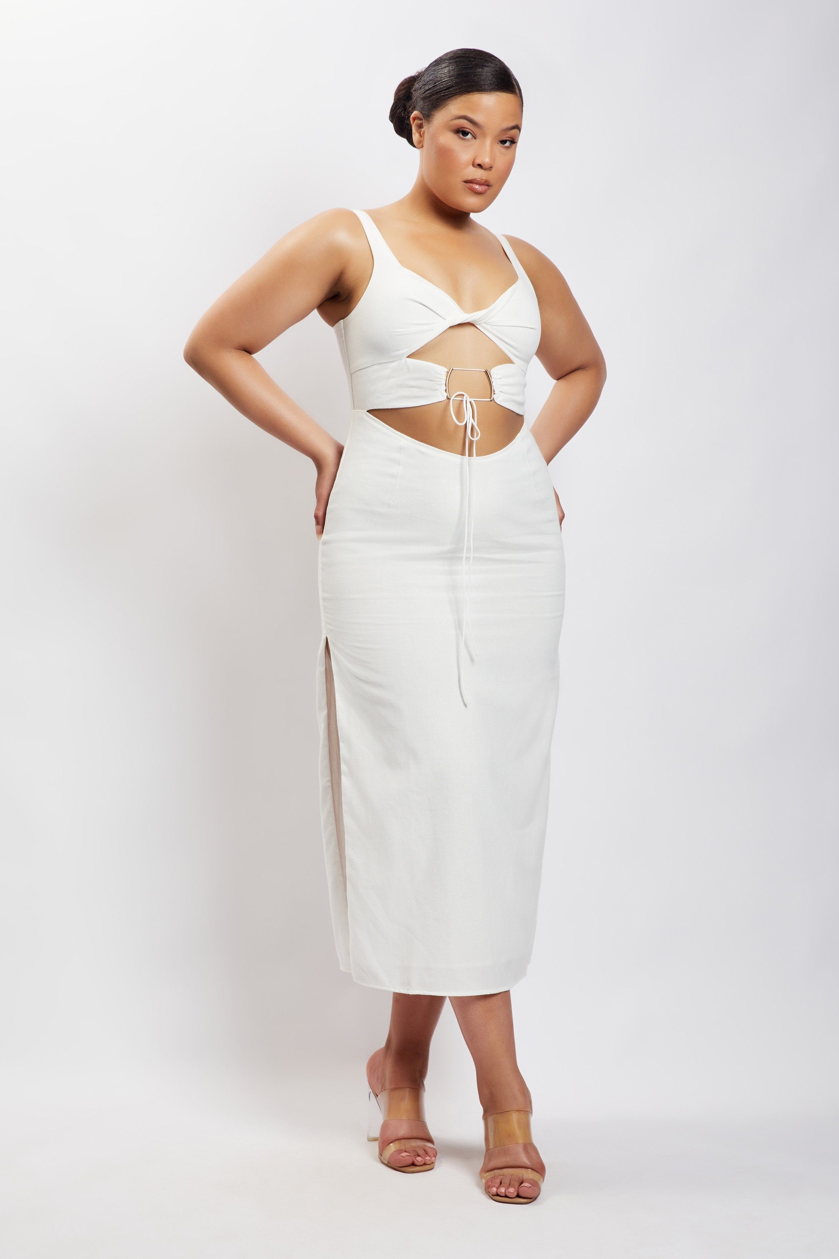 Serena Cut Out O Ring Linen Midi Dress - White sold by Meshki product image thumbnail 8