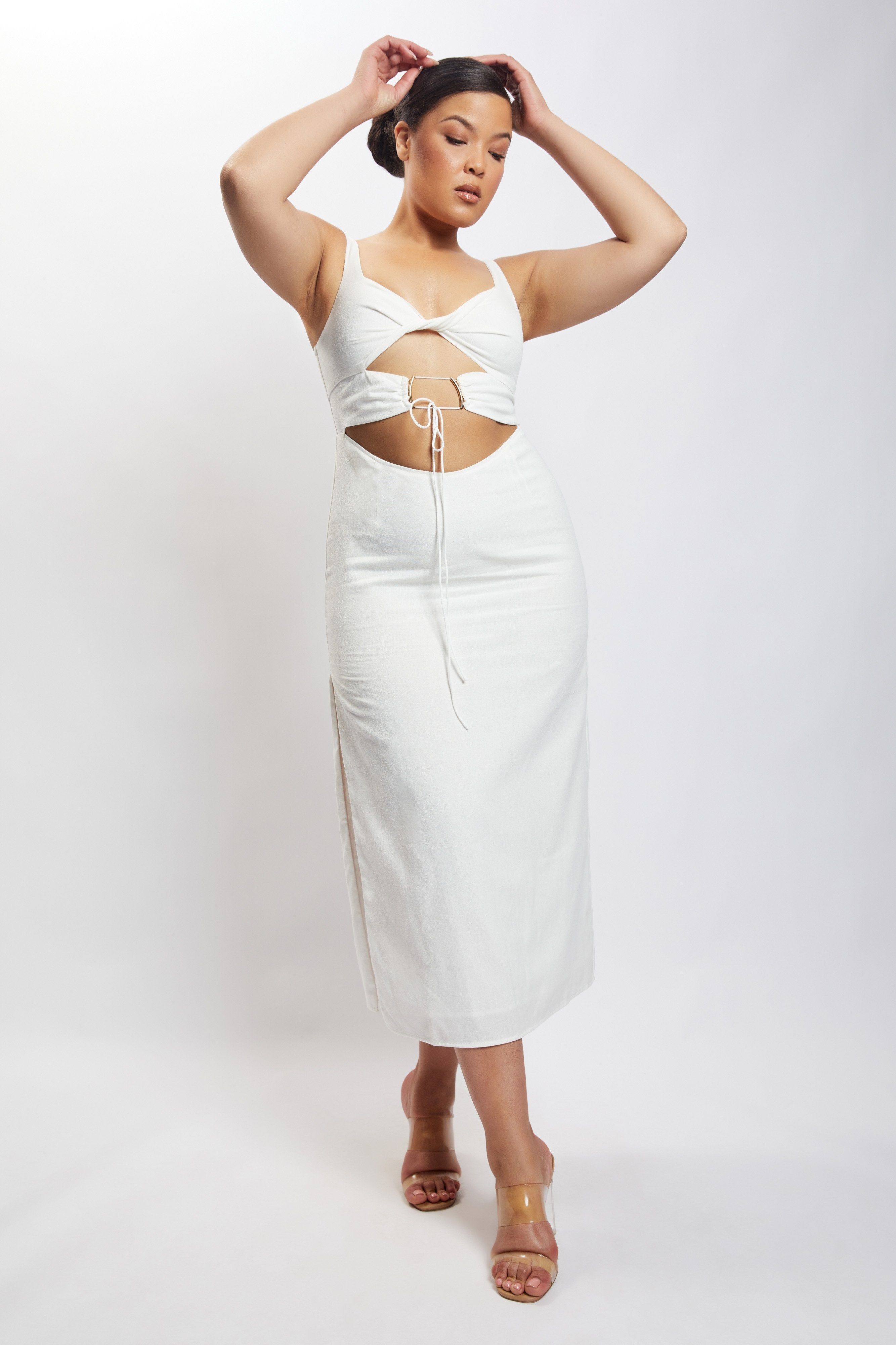 Serena Cut Out O Ring Linen Midi Dress - White sold by Meshki product image thumbnail 6