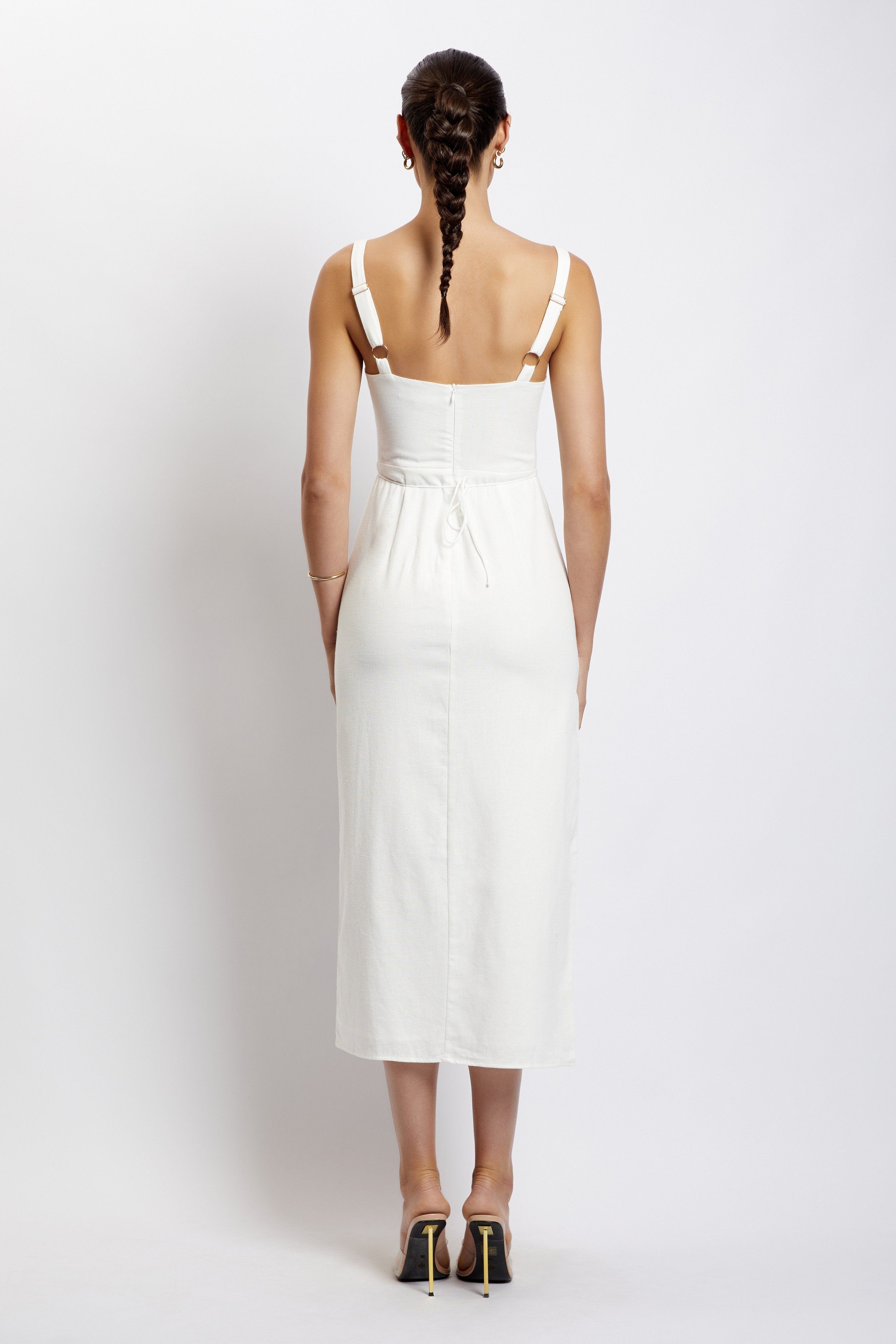 Serena Cut Out O Ring Linen Midi Dress - White sold by Meshki product image thumbnail 3