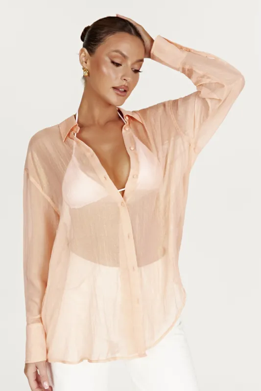 Molly Oversized Sheer Iridescent Shirt - Peach sold by Meshki