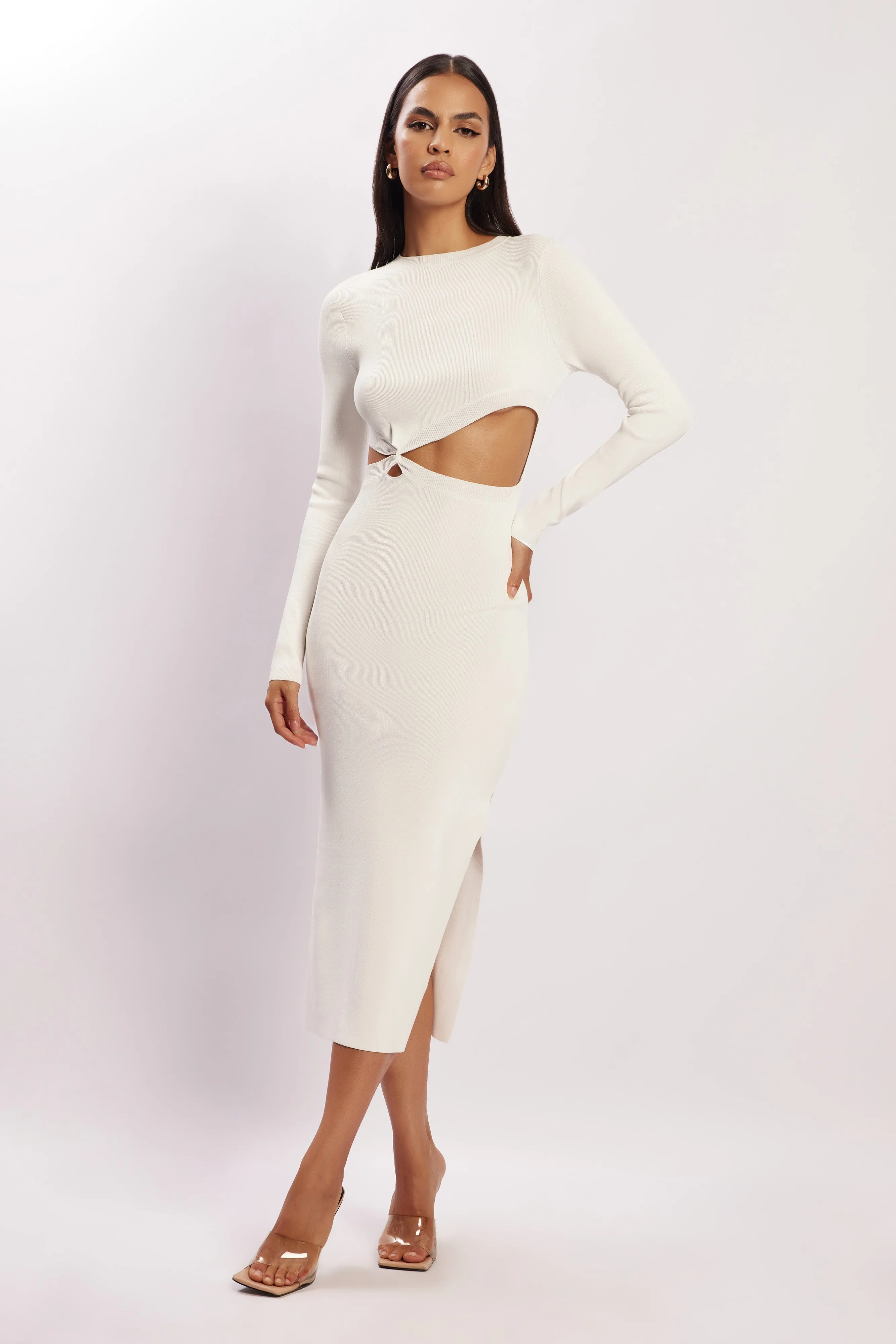 Mila Twist Front Knit Midi Dress - White sold by Meshki