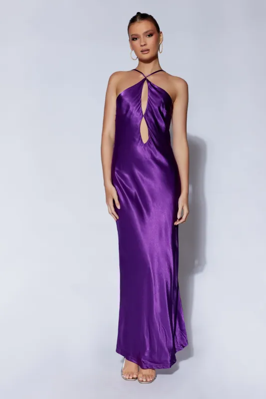 Lucia Satin Cut Out Maxi Dress - Grape sold by Meshki