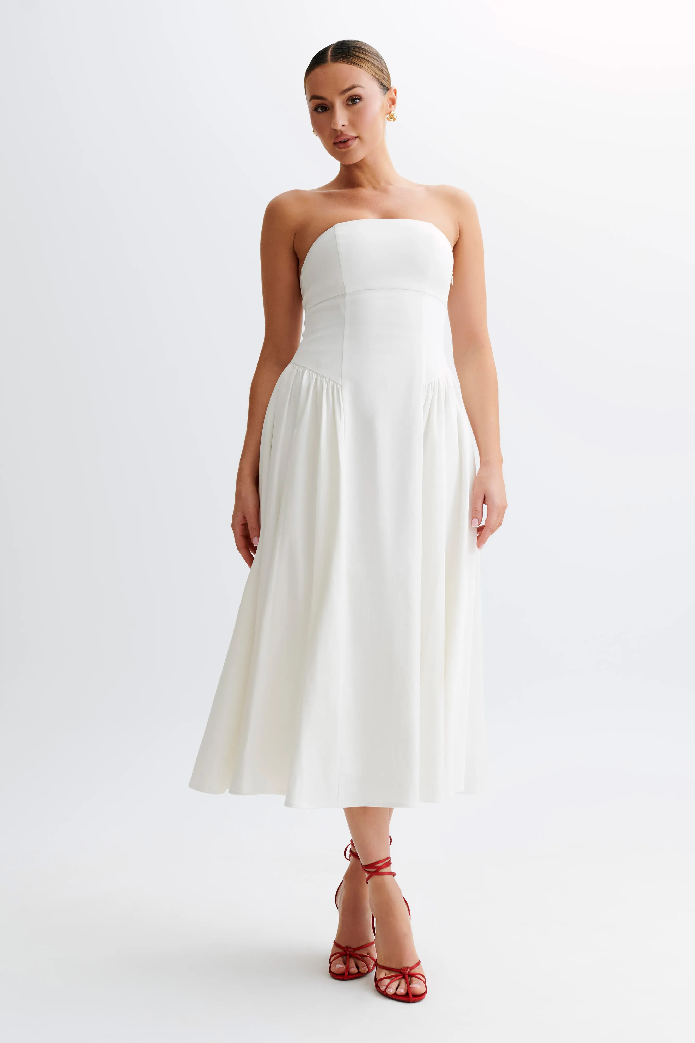 Carmele Cotton Gathered Midi Dress - White sold by Meshki