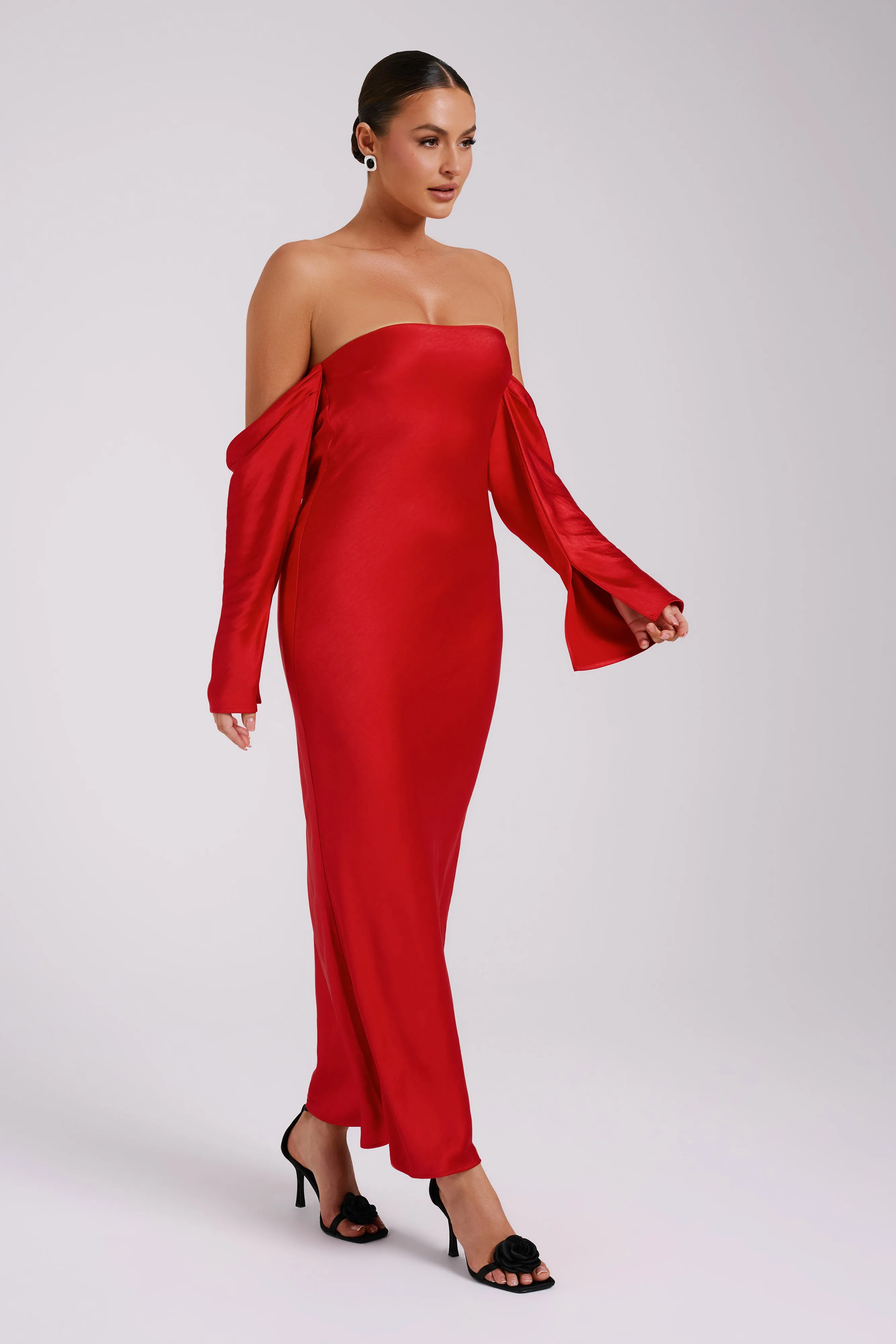 Vee Off Shoulder Satin Midi Dress - Red sold by Meshki product image thumbnail 4