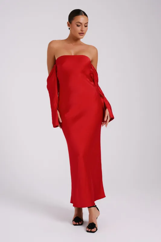 Vee Off Shoulder Satin Midi Dress - Red sold by Meshki
