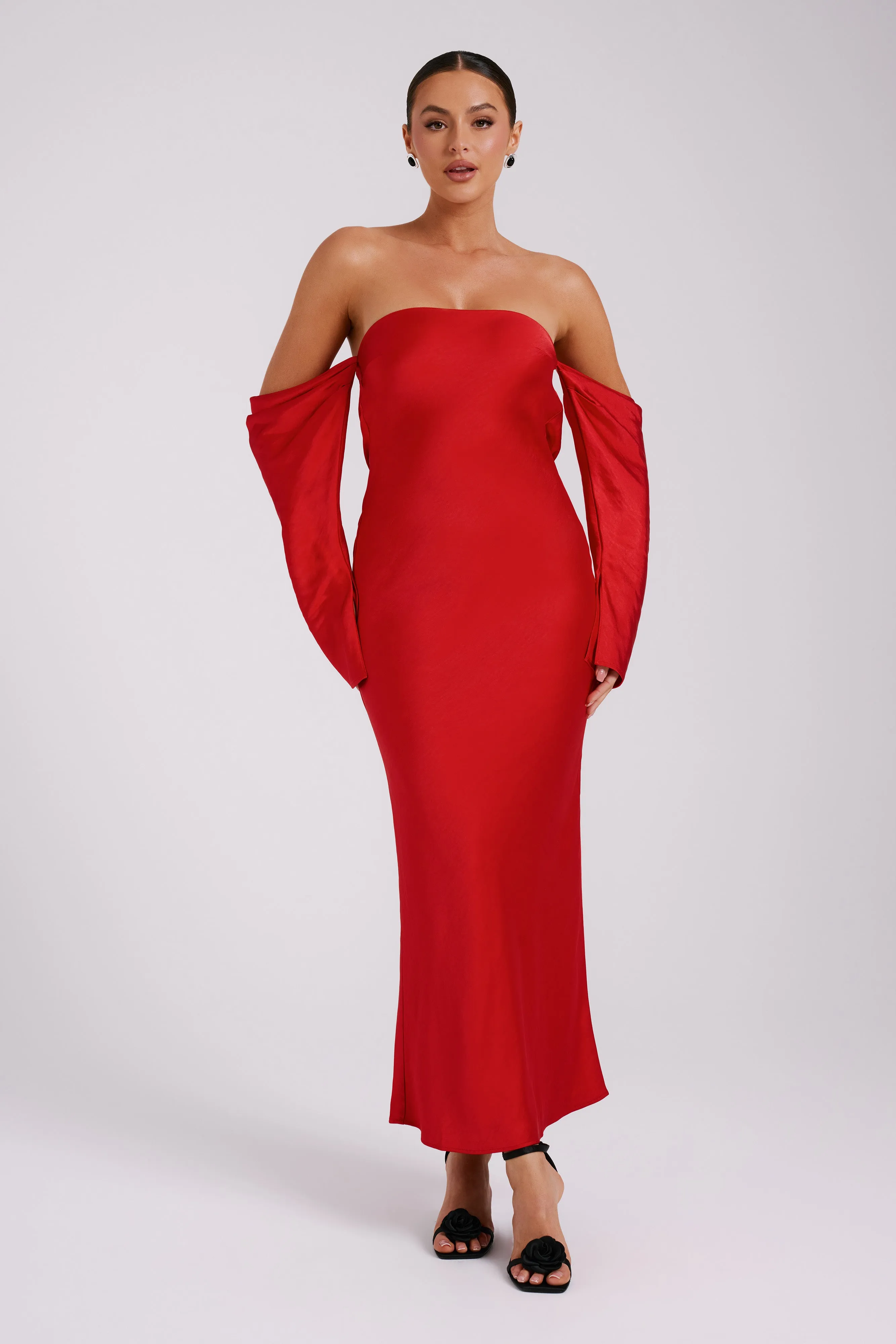 Vee Off Shoulder Satin Midi Dress - Red sold by Meshki product image thumbnail 5