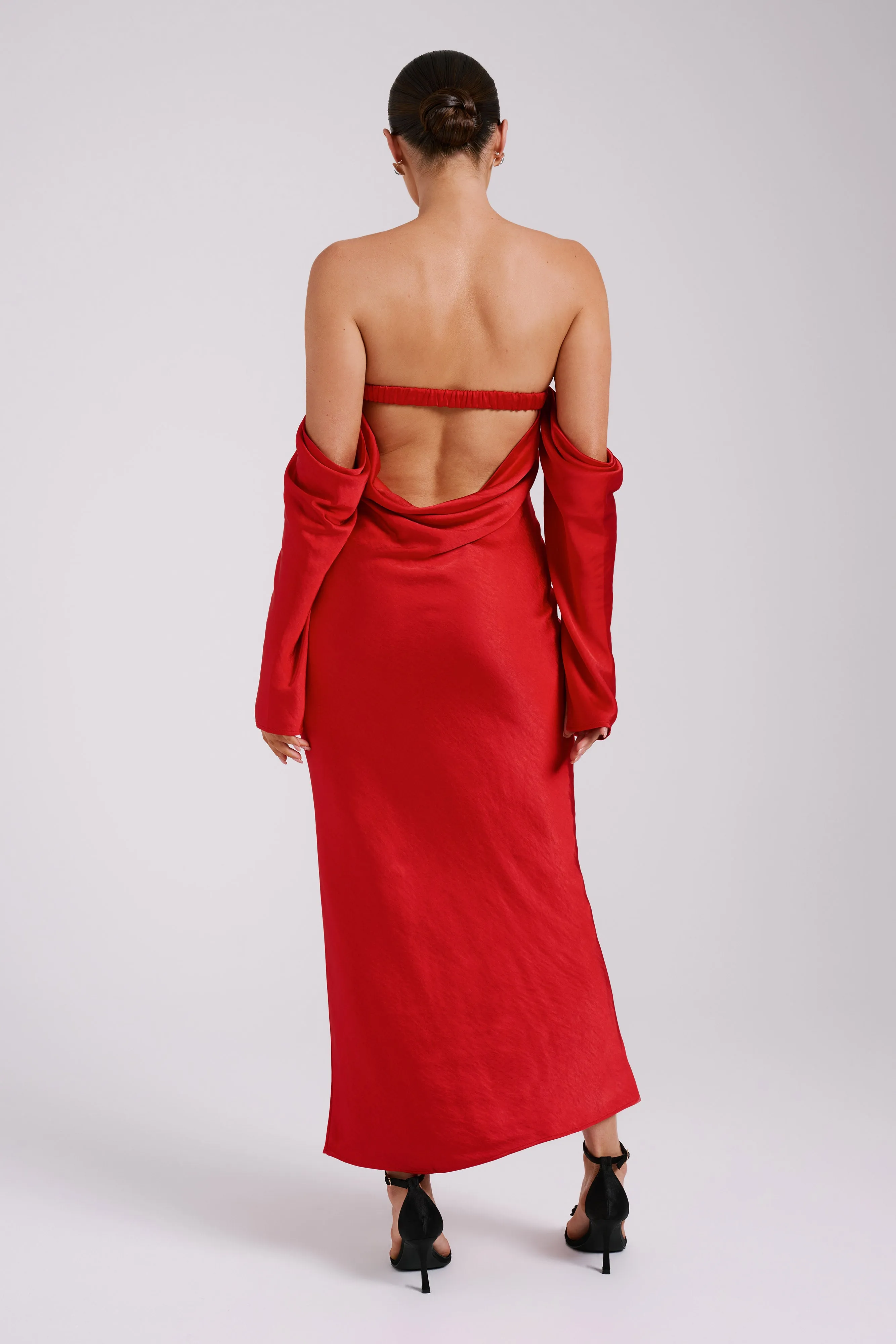 Vee Off Shoulder Satin Midi Dress - Red sold by Meshki product image thumbnail 2
