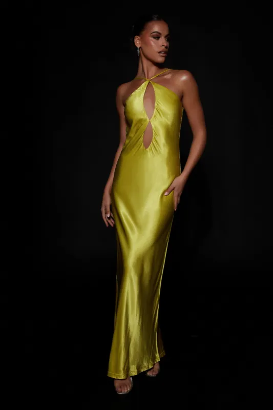 Lucia Satin Cut Out Maxi Dress - Chartreuse sold by Meshki