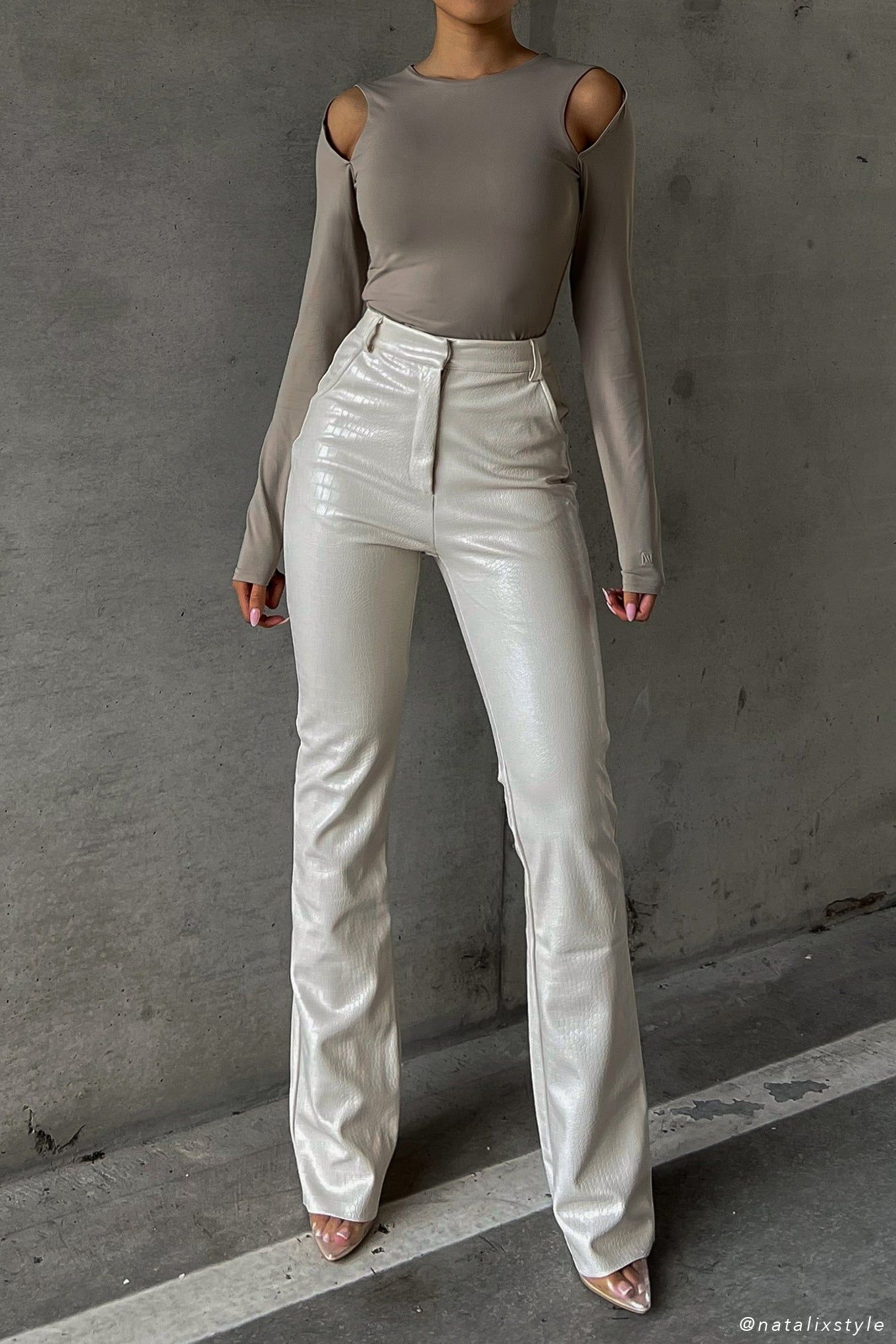 Tyra Croc Straight Leg Faux Leather Pants - Cream sold by Meshki