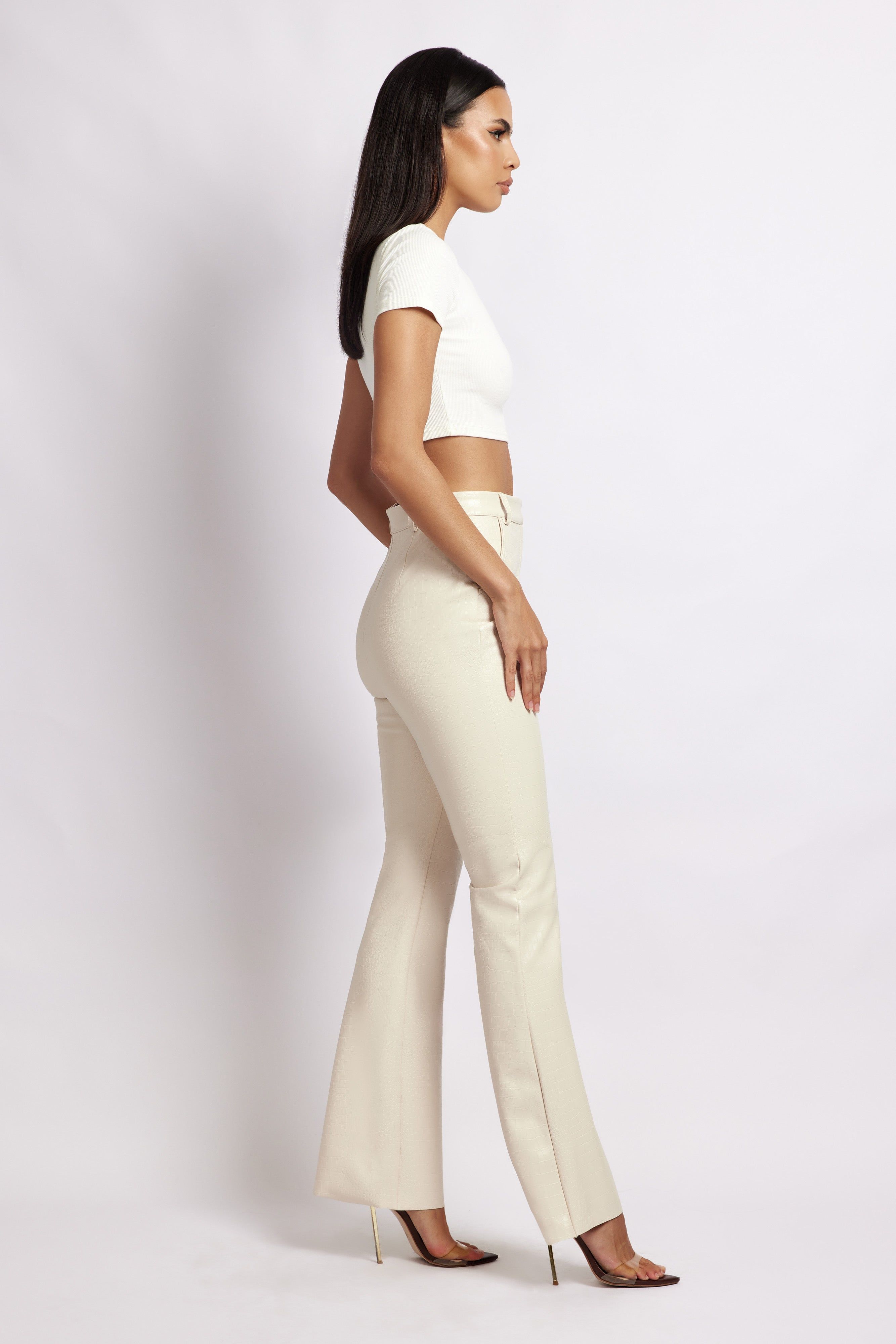 Tyra Croc Straight Leg Faux Leather Pants - Cream sold by Meshki product image thumbnail 5