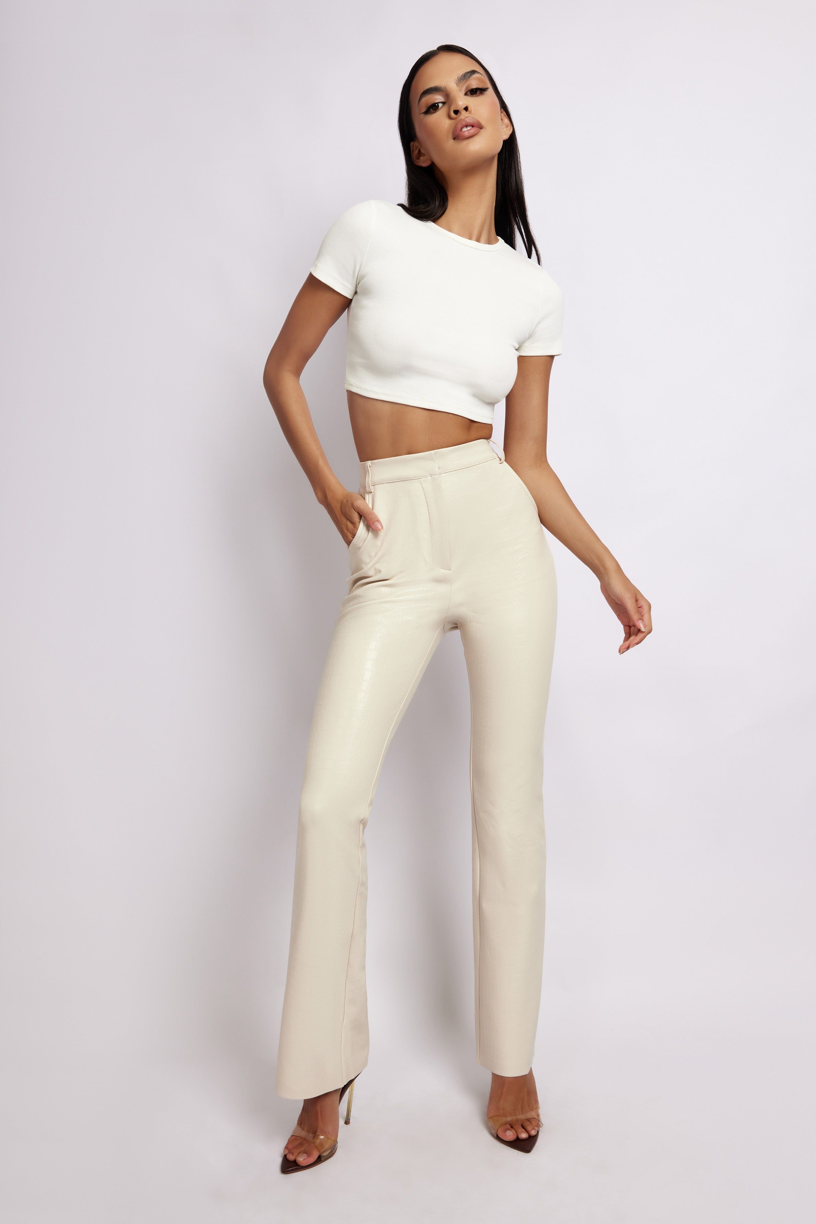Tyra Croc Straight Leg Faux Leather Pants - Cream sold by Meshki product image thumbnail 2