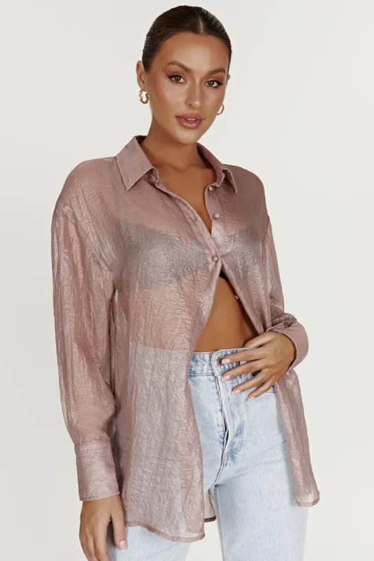 Molly Oversized Sheer Iridescent Shirt - Taupe sold by Meshki