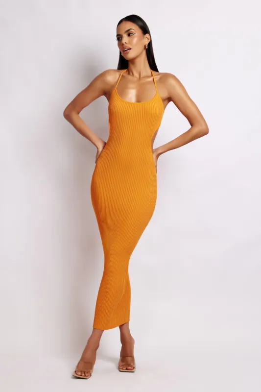 Morgan Halter Knit Midi Dress - Tangerine sold by Meshki