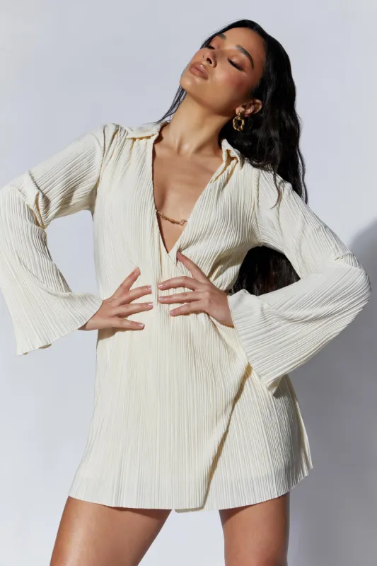 Azar Crinkle Mini Dress With Hardware - Wheat sold by Meshki