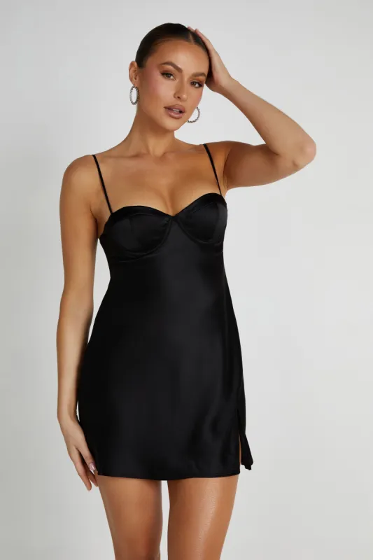 Zahli Top Stitch Satin Mini Dress - Black sold by Meshki