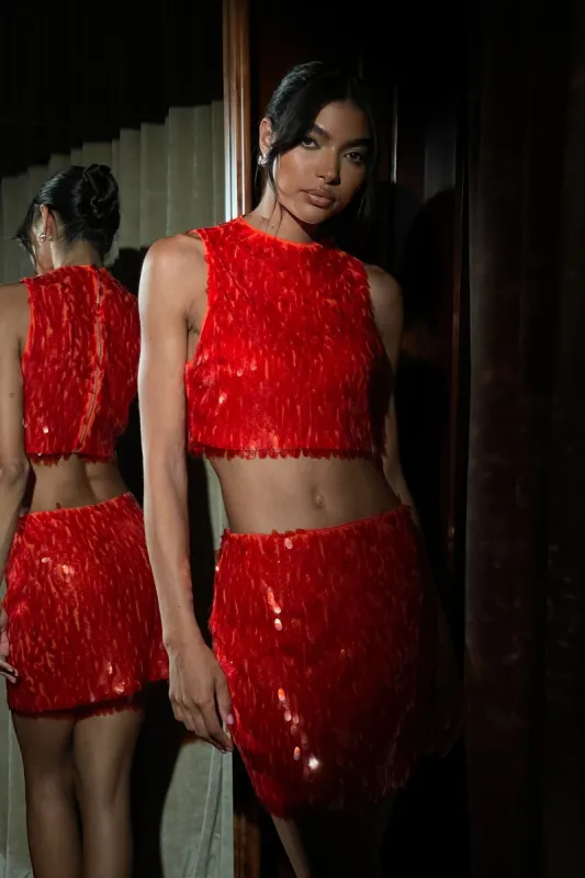 Savannah Sequin Crop Top - Firey Orange sold by Meshki
