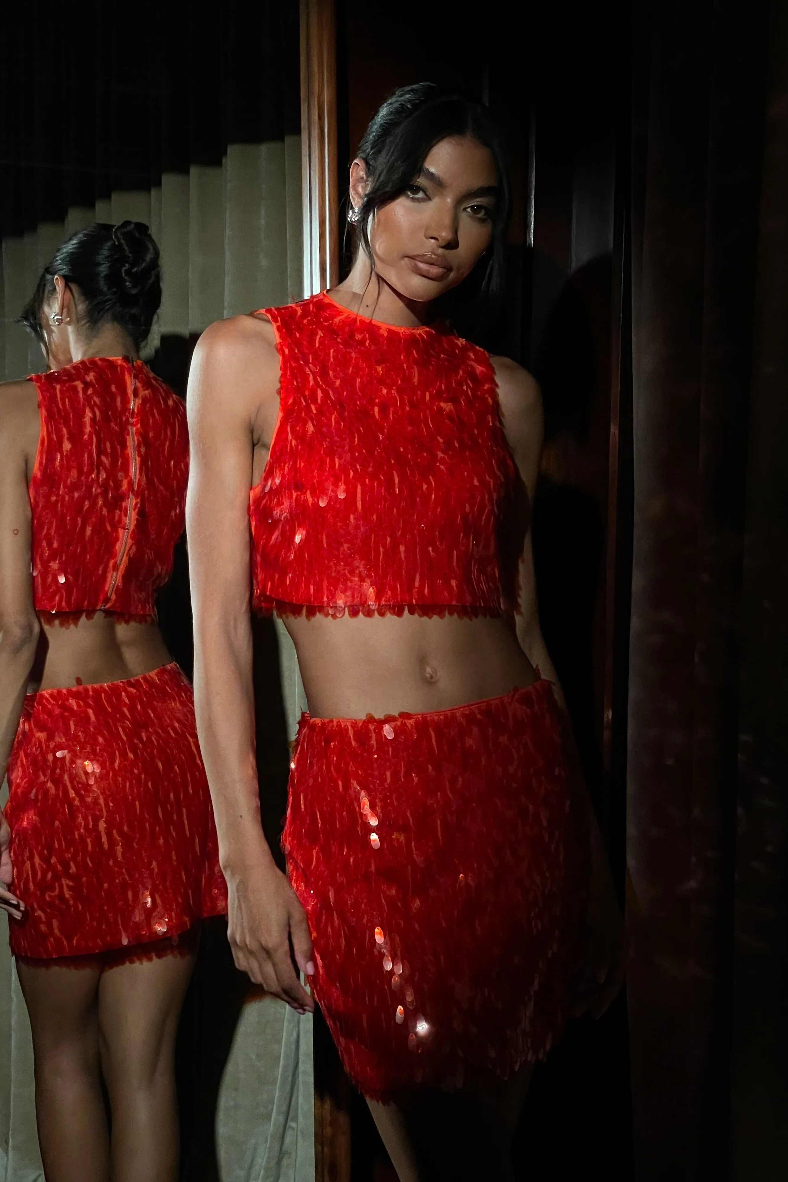 Savannah Sequin Crop Top - Firey Orange sold by Meshki