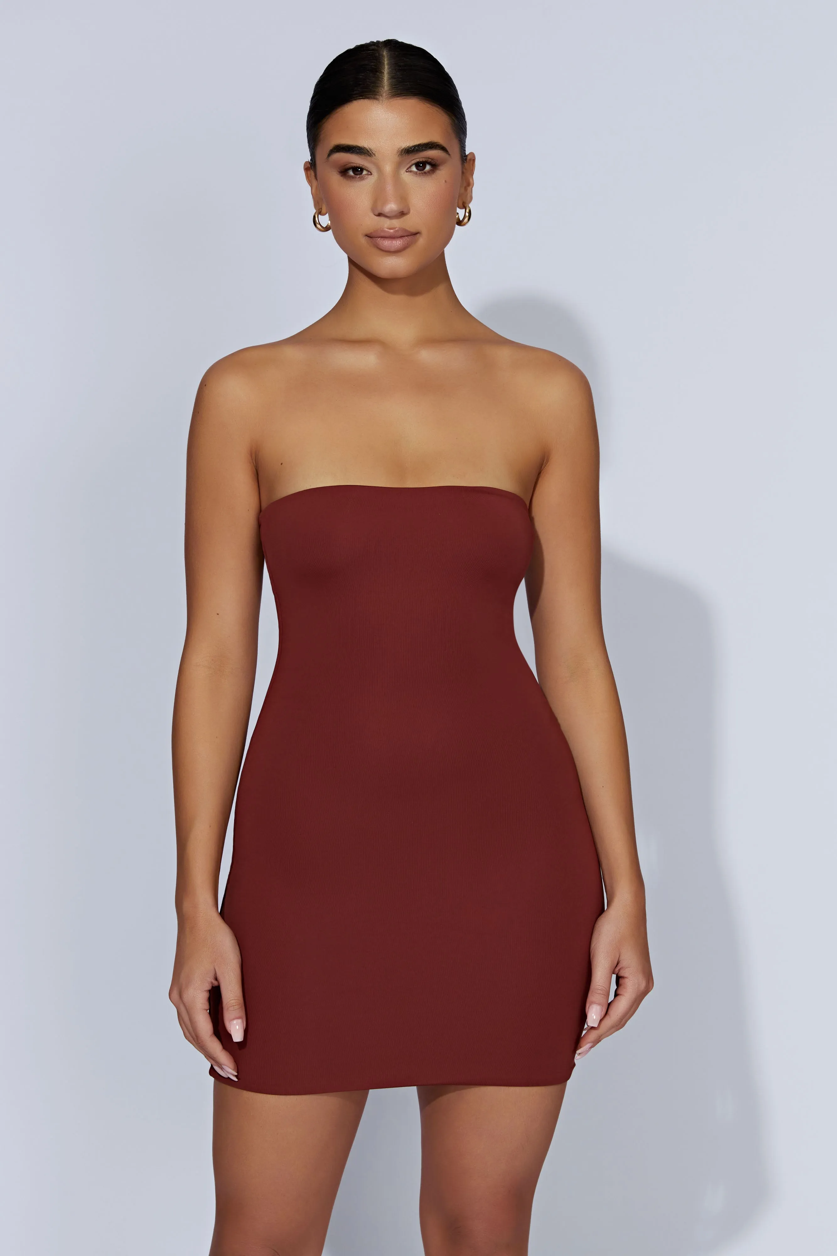 Stella Strapless Mini Dress - Cherry Chocolate sold by Meshki