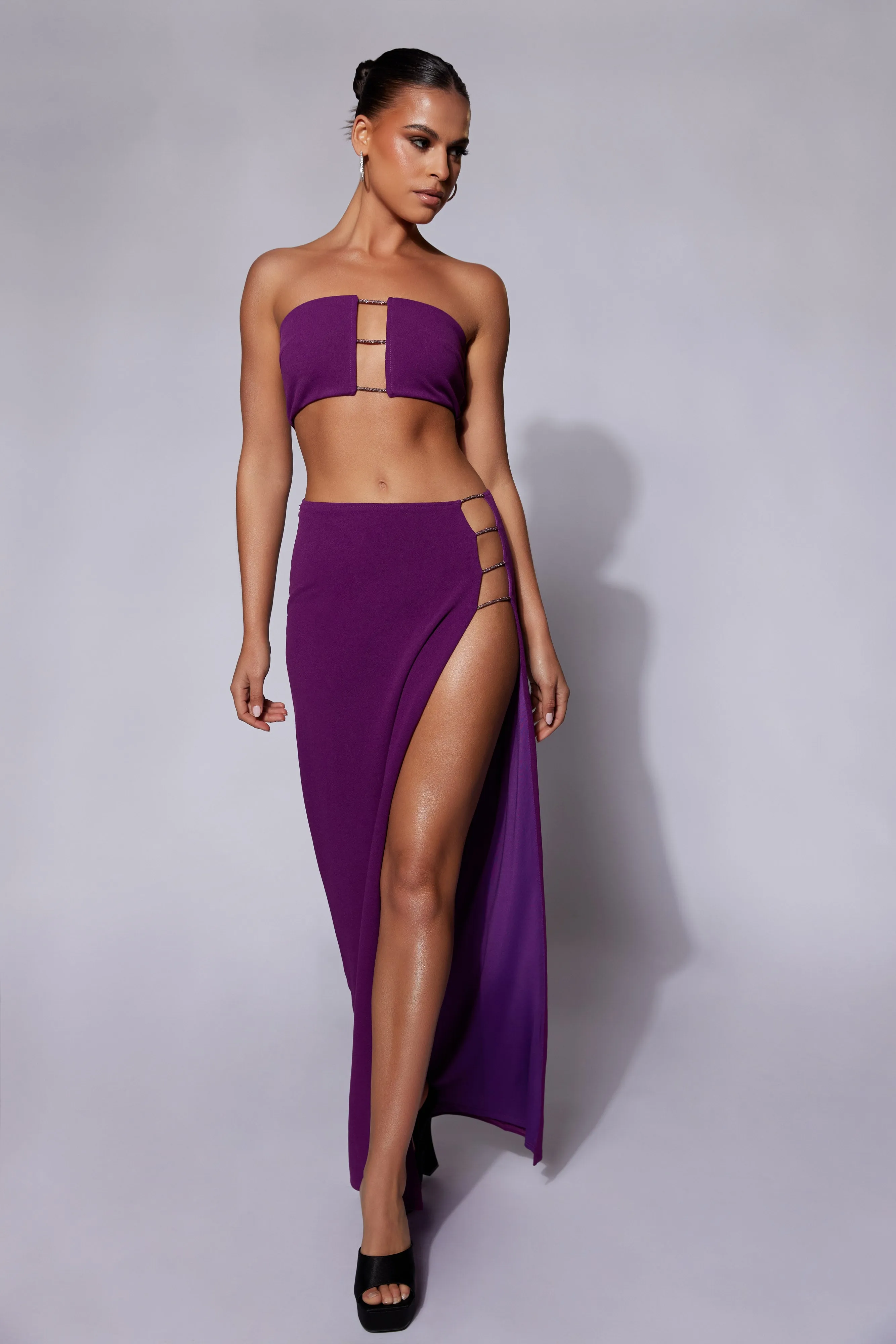 Anastasia Diamante Rope Maxi Skirt With Split - Grape sold by Meshki